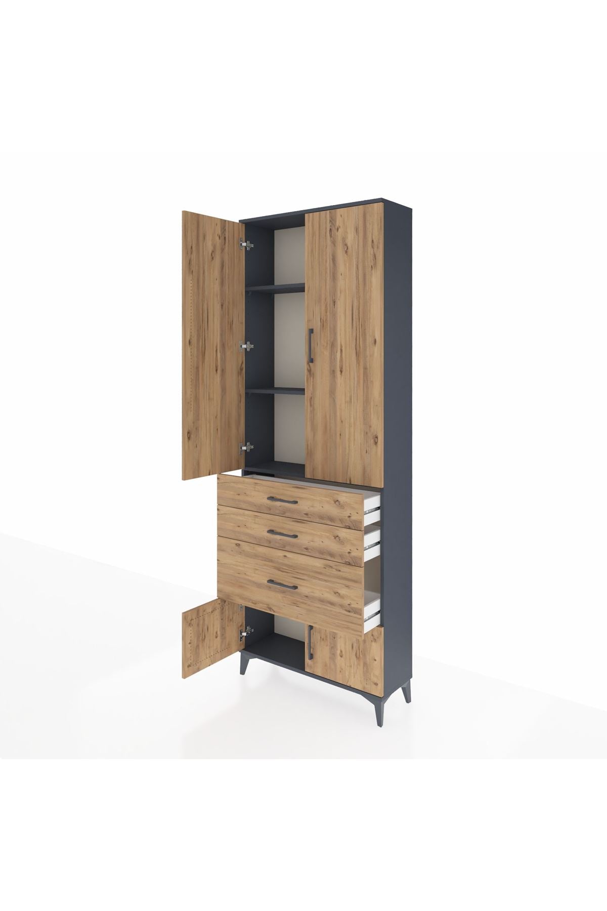 Arges Dolap 3 Raflı 3 Çekmeceli 4 Kapaklı 88x30x243 Antrasit-Çam