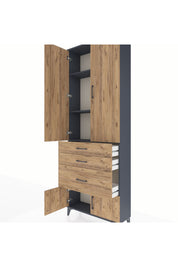 Arges Dolap 3 Raflı 3 Çekmeceli 4 Kapaklı 88x30x243 Antrasit-Çam