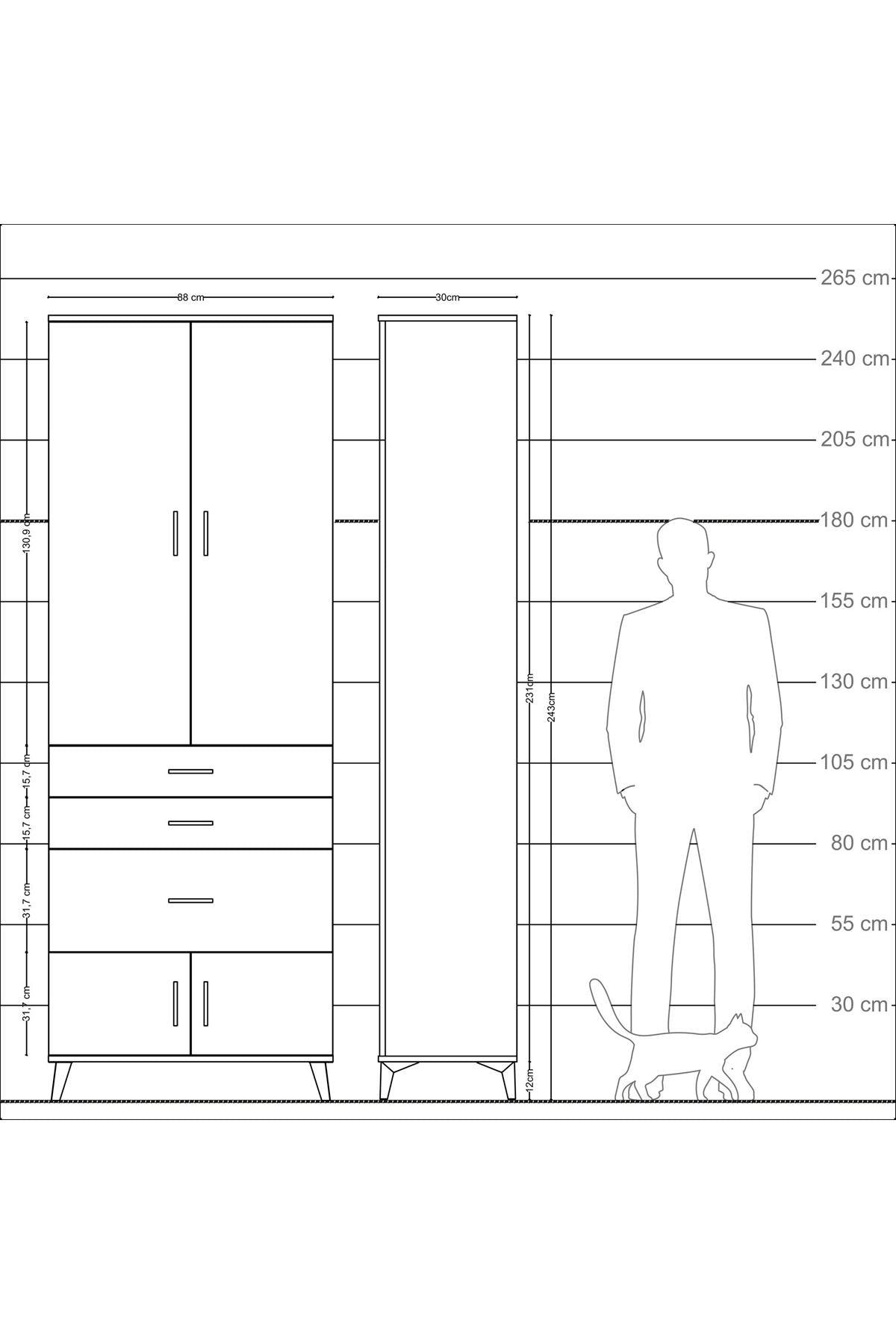 Arges Dolap 3 Raflı 3 Çekmeceli 4 Kapaklı 88x30x243 Çam-Antrasit