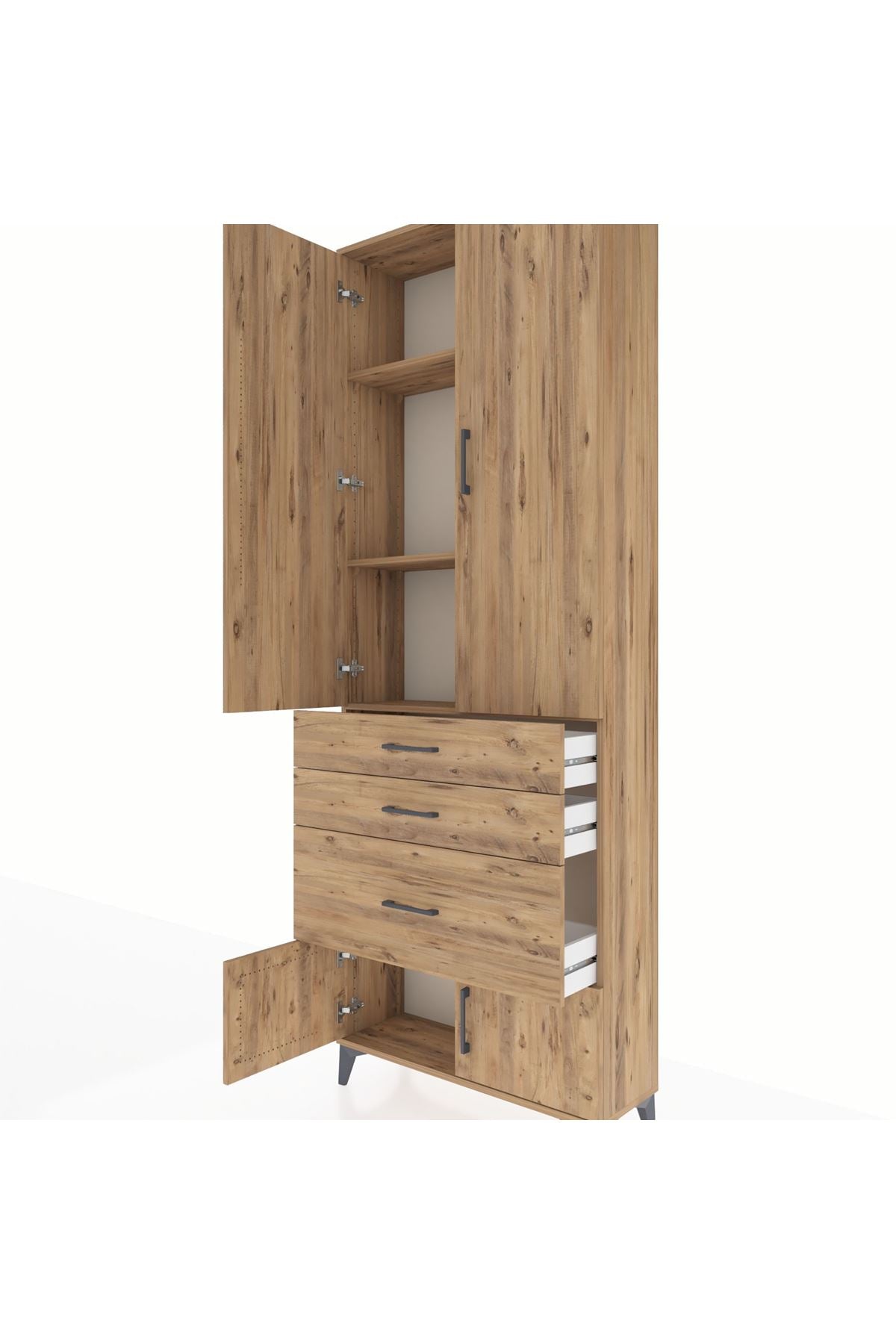 Arges Dolap 3 Raflı 3 Çekmeceli 4 Kapaklı 88x30x243 Çam-Çam