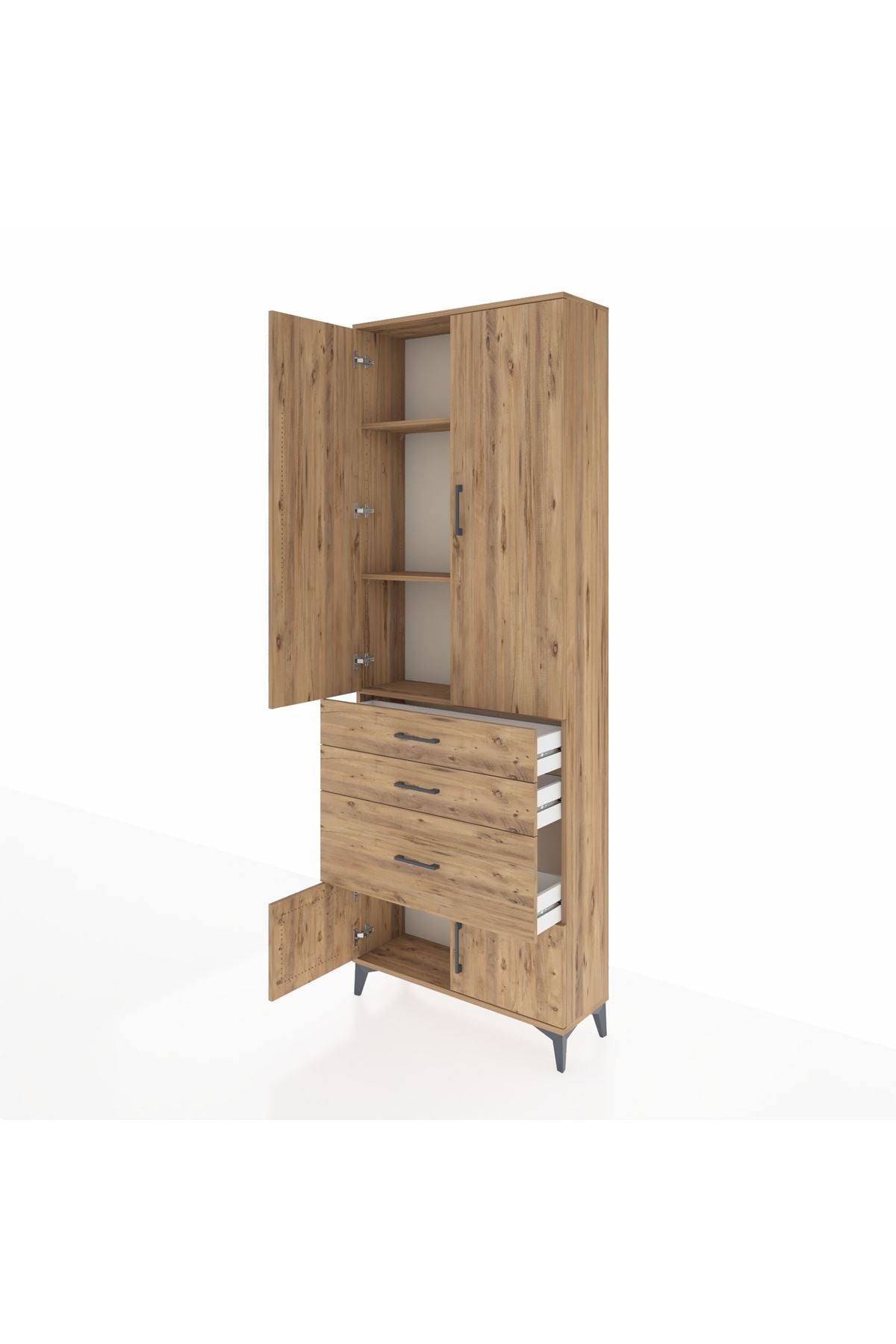 Arges Dolap 3 Raflı 3 Çekmeceli 4 Kapaklı 88x30x243 Çam-Çam