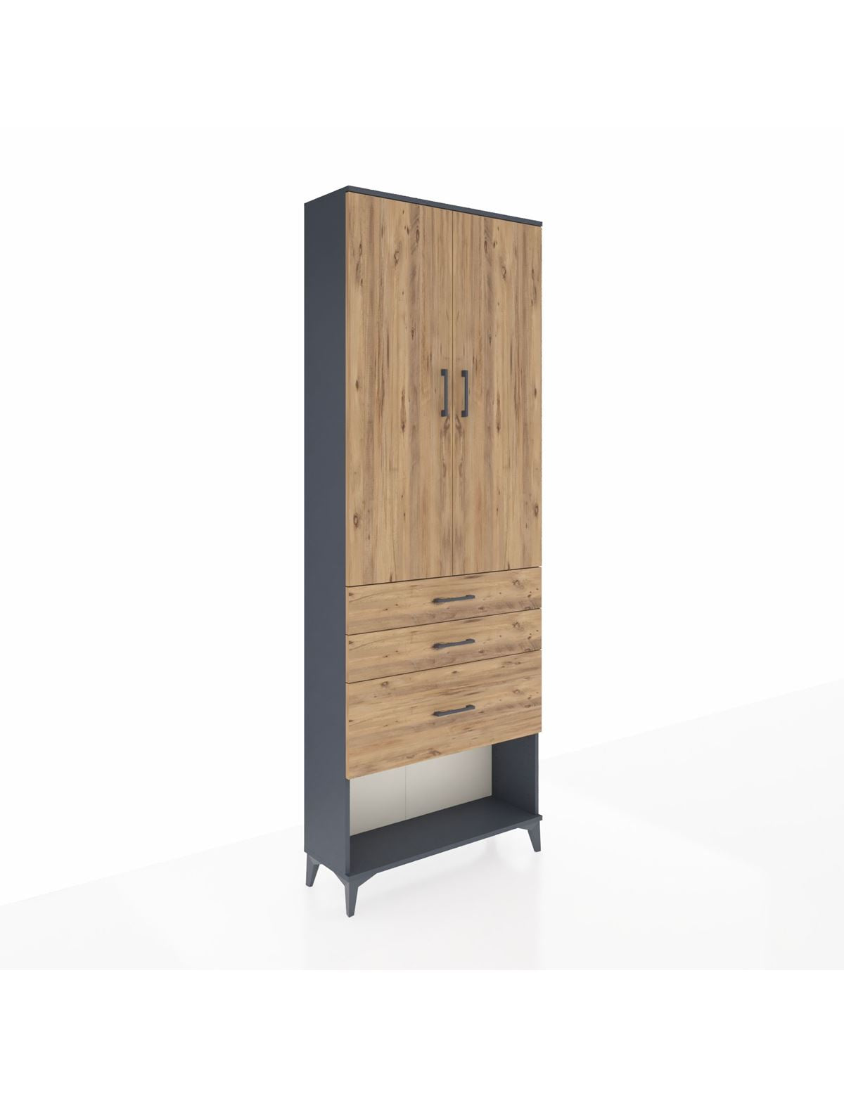 Arges Dolap 3 Raflı 3 Çekmeceli 2 Kapaklı 88x30x243 Antrasit-Çam