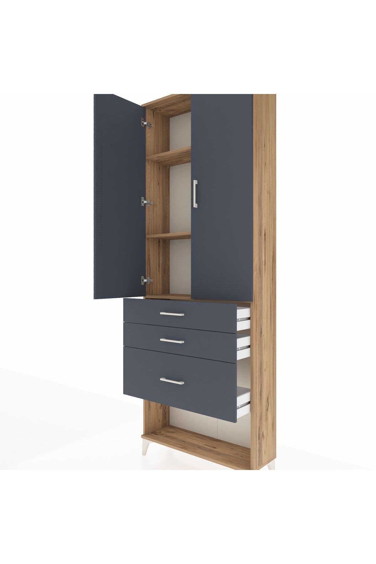Arges Dolap 3 Raflı 3 Çekmeceli 2 Kapaklı 88x30x243 Çam-Antrasit