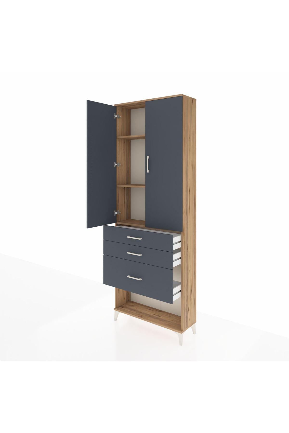 Arges Dolap 3 Raflı 3 Çekmeceli 2 Kapaklı 88x30x243 Çam-Antrasit