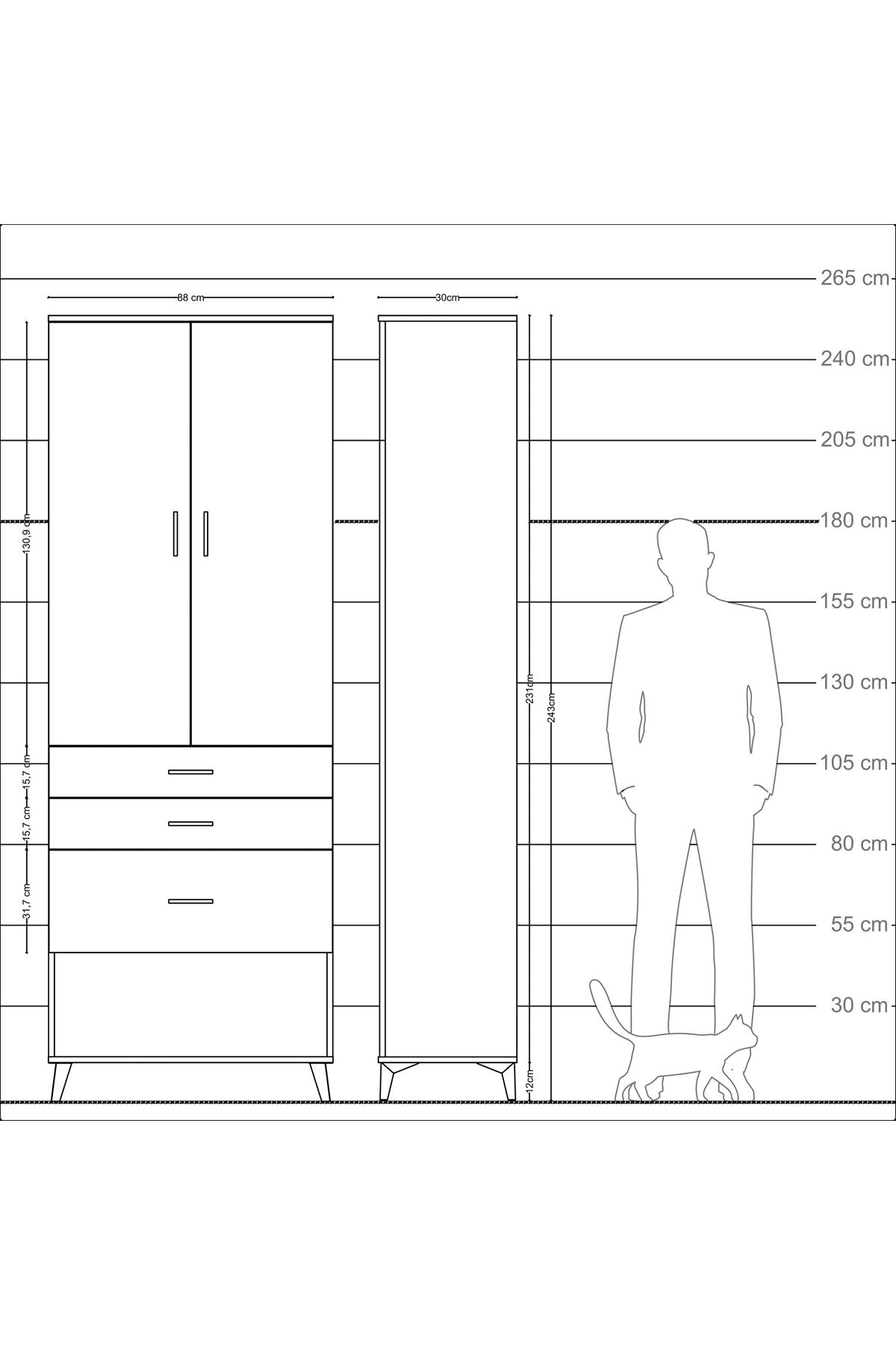 Arges Dolap 3 Raflı 3 Çekmeceli 2 Kapaklı 88x30x243 Çam-Antrasit
