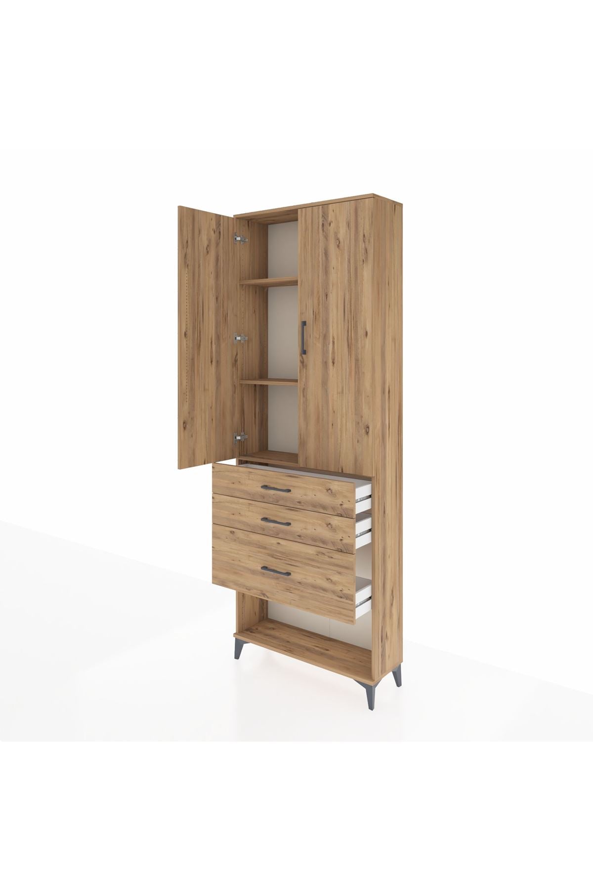 Arges Dolap 3 Raflı 3 Çekmeceli 2 Kapaklı 88x30x243 Çam-Çam