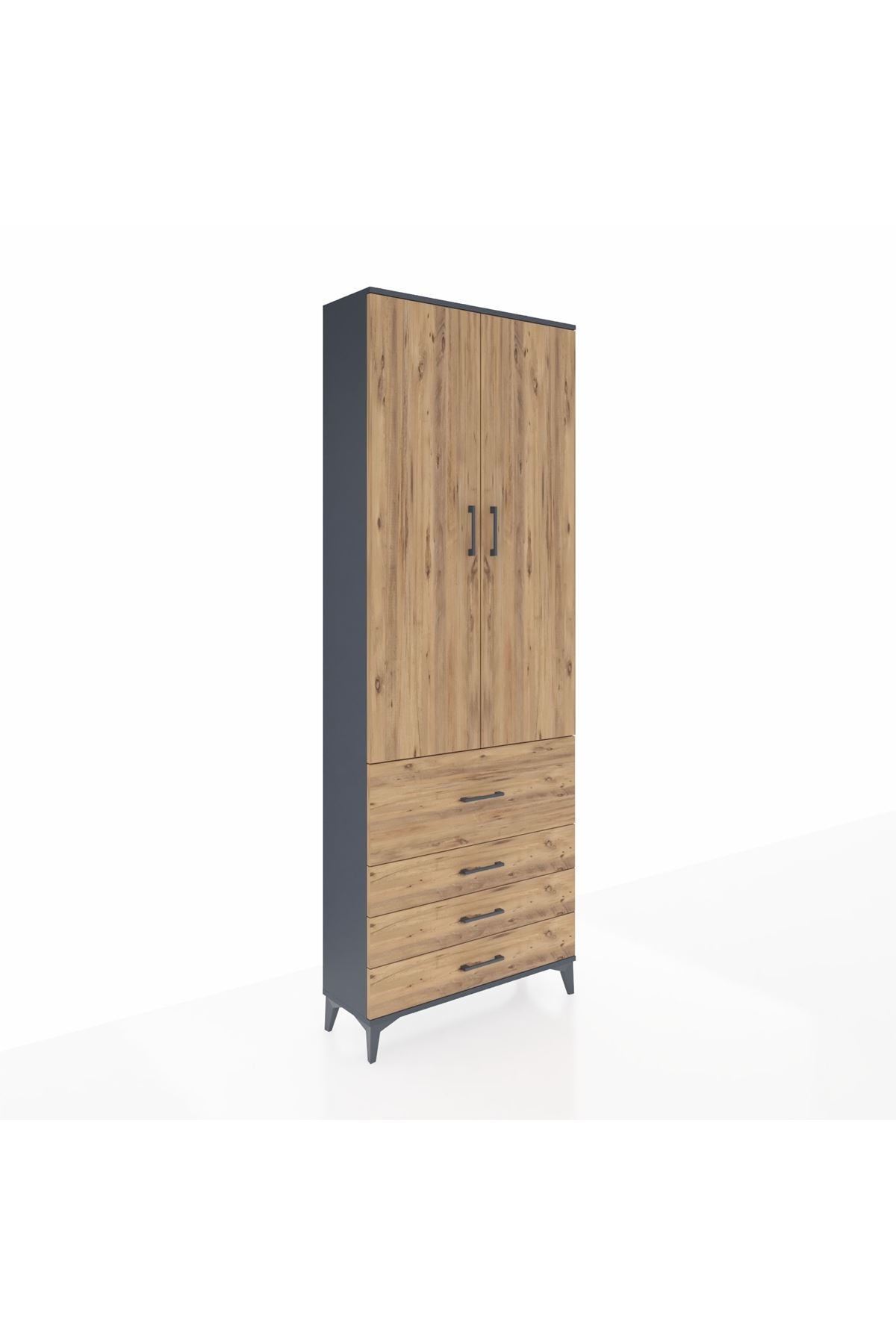 Arges Dolap 3 Raflı 4 Çekmeceli 2 Kapaklı 88x30x243 Antrasit-Çam