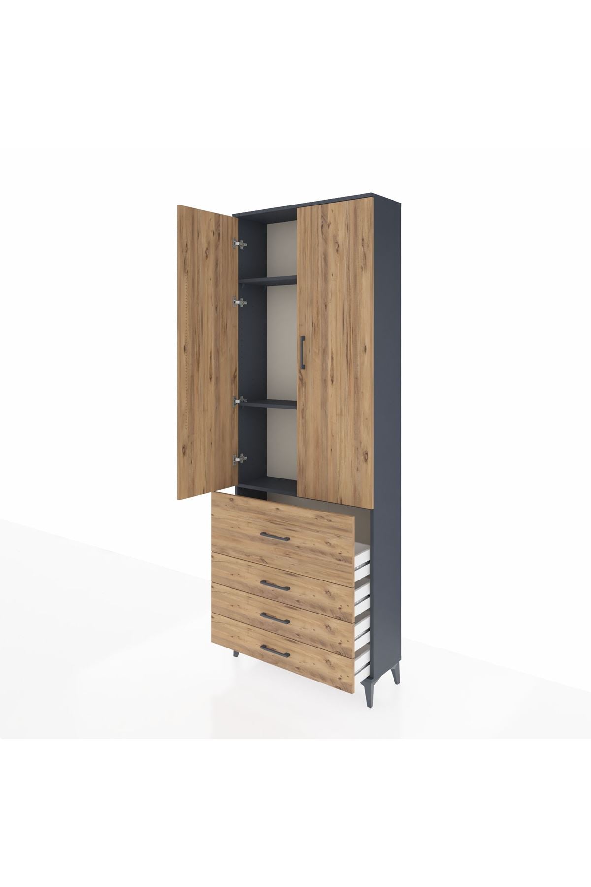 Arges Dolap 3 Raflı 4 Çekmeceli 2 Kapaklı 88x30x243 Antrasit-Çam