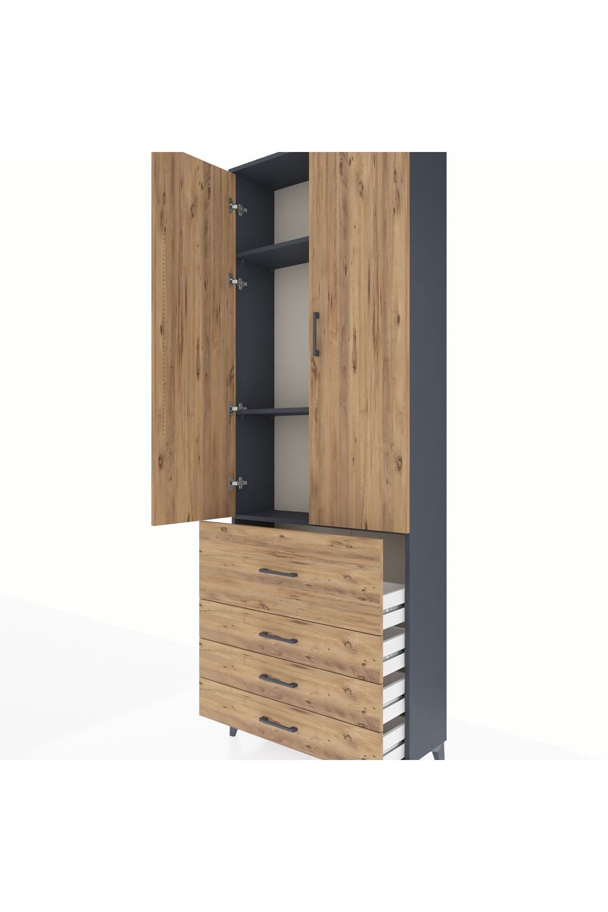 Arges Dolap 3 Raflı 4 Çekmeceli 2 Kapaklı 88x30x243 Antrasit-Çam