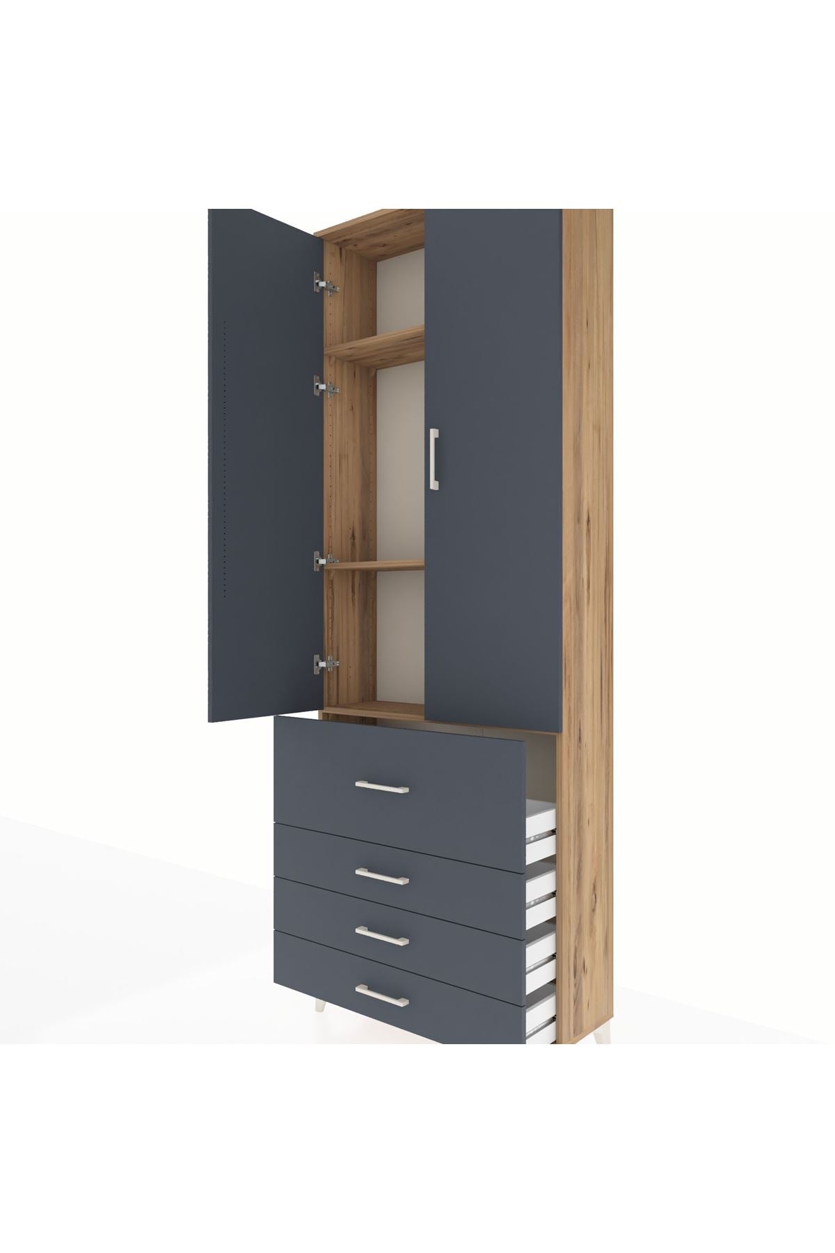 Arges Dolap 3 Raflı 4 Çekmeceli 2 Kapaklı 88x30x243 Çam-Antrasit