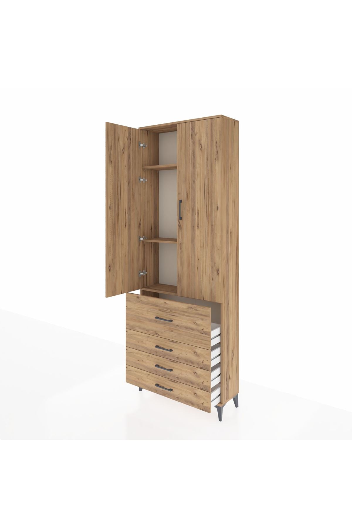 Arges Dolap 3 Raflı 4 Çekmeceli 2 Kapaklı 88x30x243 Çam-Çam