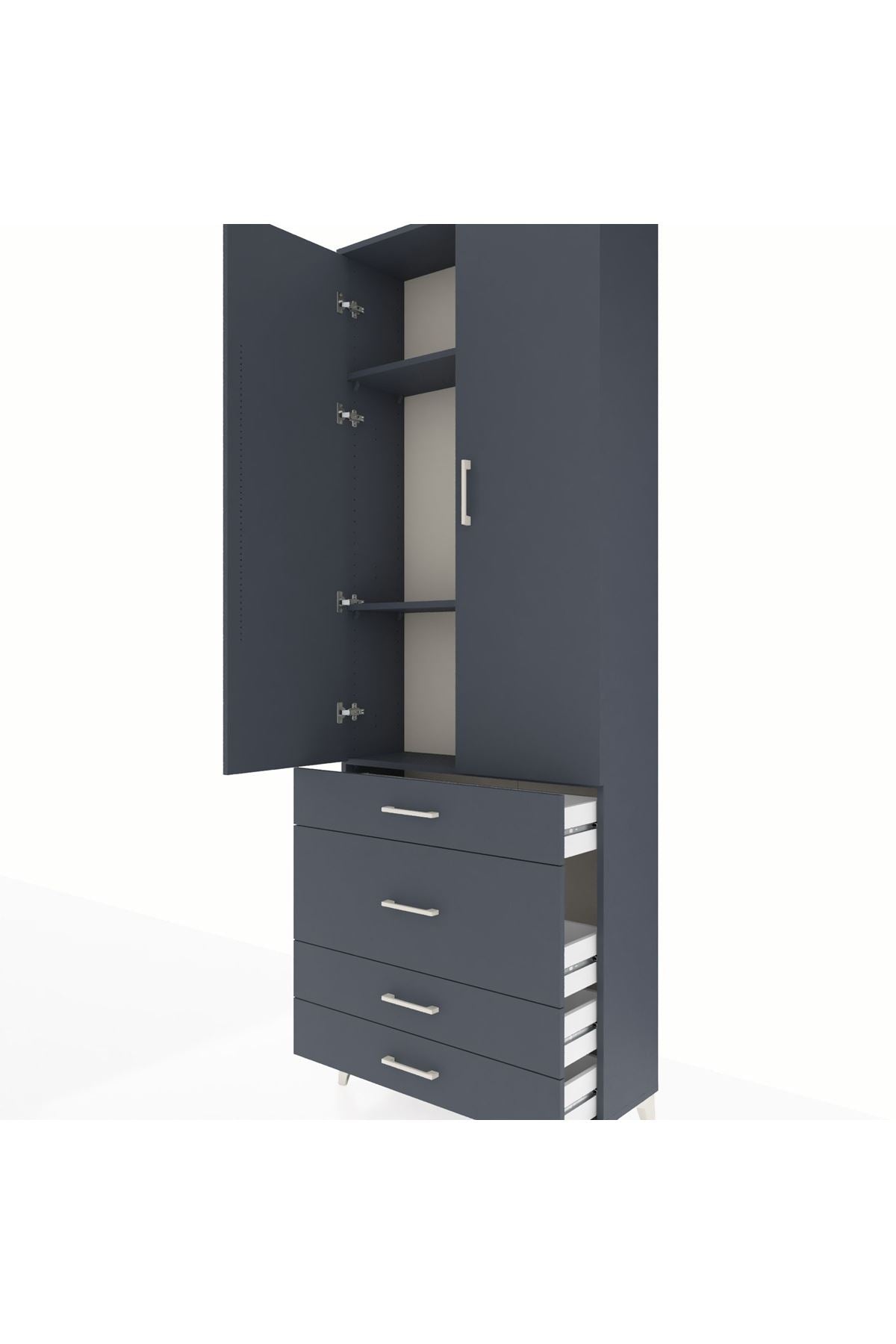 Arges Dolap 3 Raflı 4 Çekmeceli 2 Kapaklı 88x30x243 Antrasit-Antrasit