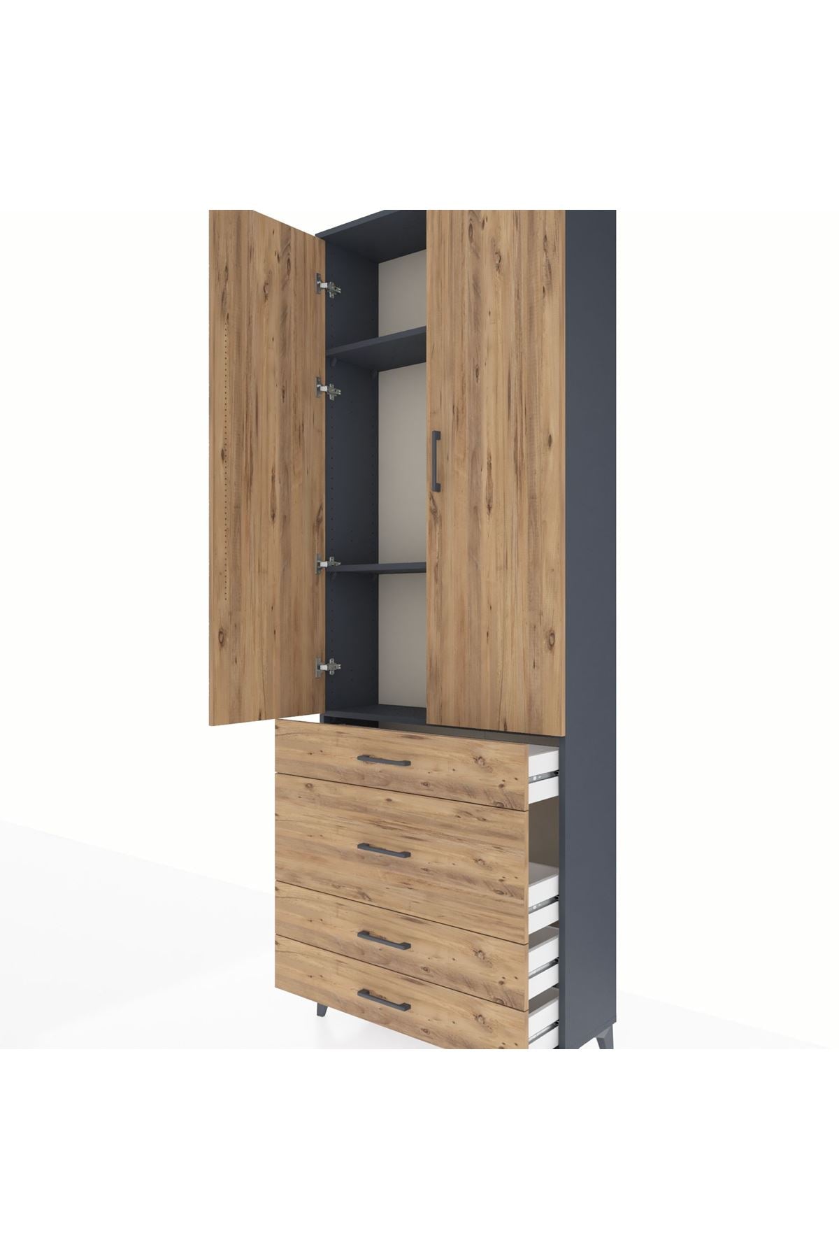 Arges Dolap 3 Raflı 4 Çekmeceli 2 Kapaklı 88x30x243 Antrasit-Çam