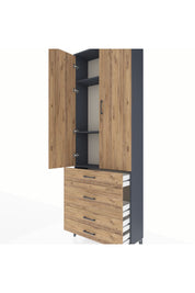 Arges Dolap 3 Raflı 4 Çekmeceli 2 Kapaklı 88x30x243 Antrasit-Çam