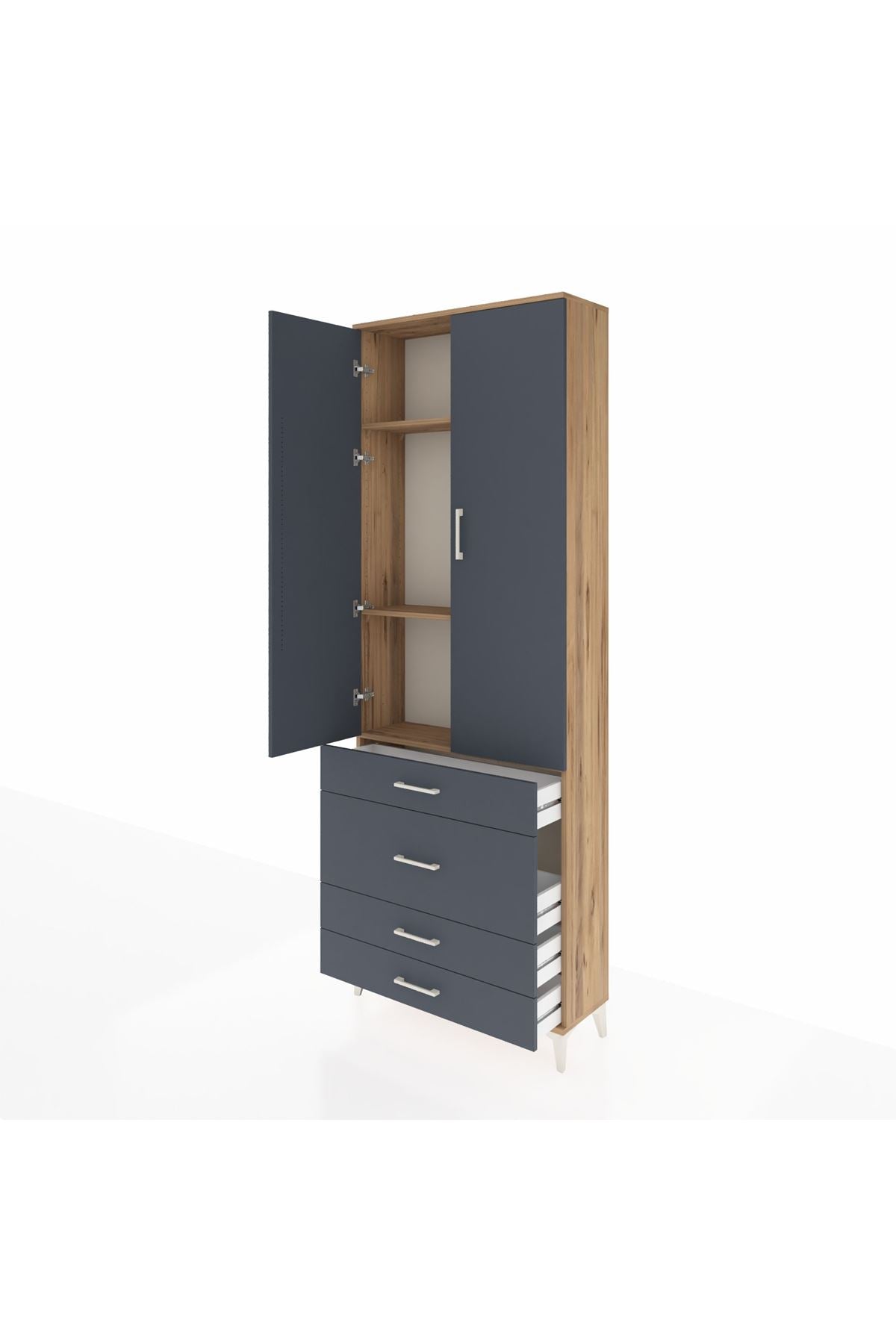 Arges Dolap 3 Raflı 4 Çekmeceli 2 Kapaklı 88x30x243 Çam-Antrasit