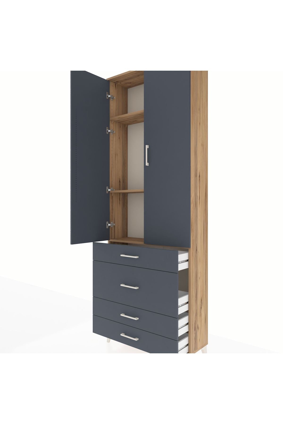 Arges Dolap 3 Raflı 4 Çekmeceli 2 Kapaklı 88x30x243 Çam-Antrasit