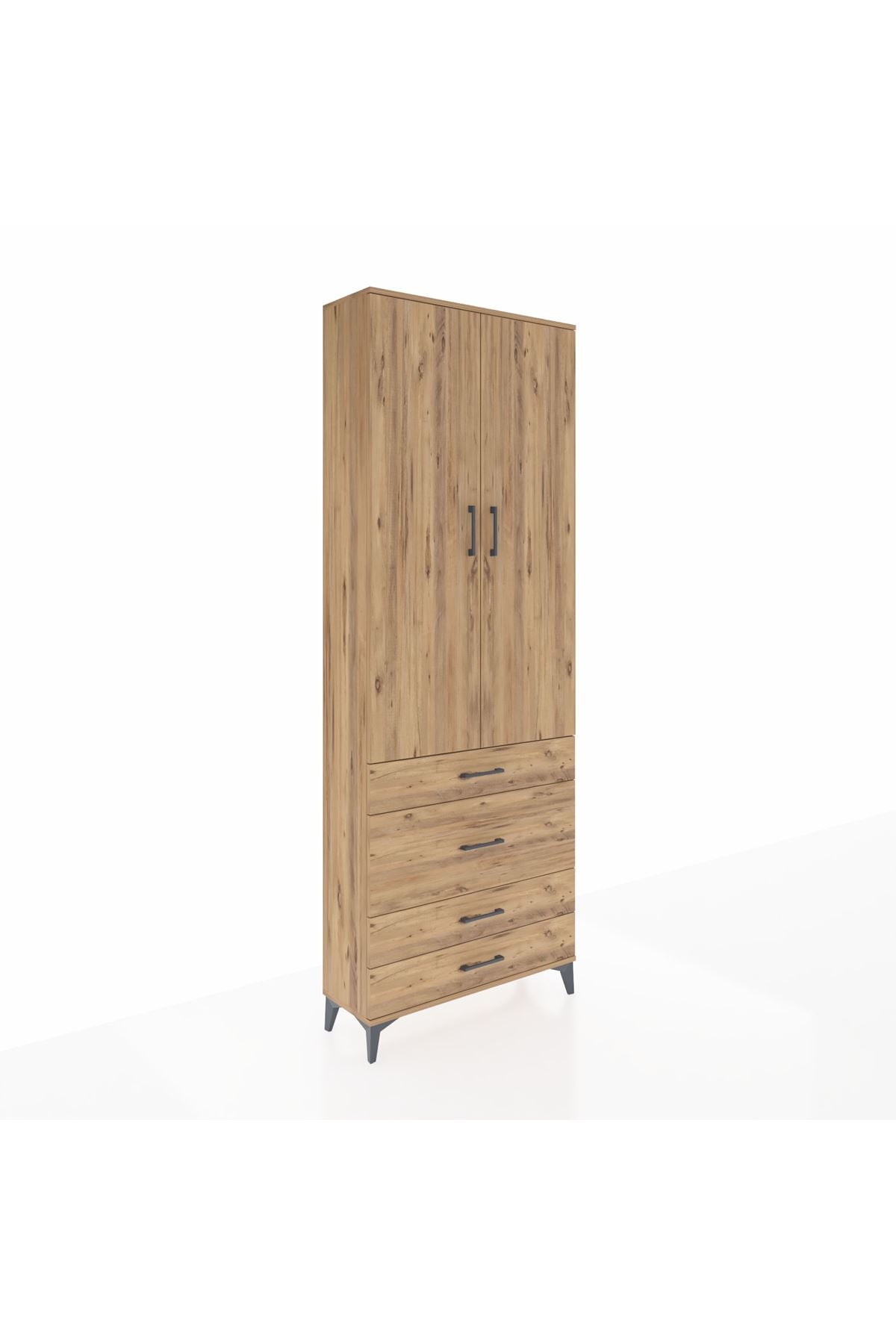 Arges Dolap 3 Raflı 4 Çekmeceli 2 Kapaklı 88x30x243 Çam-Çam