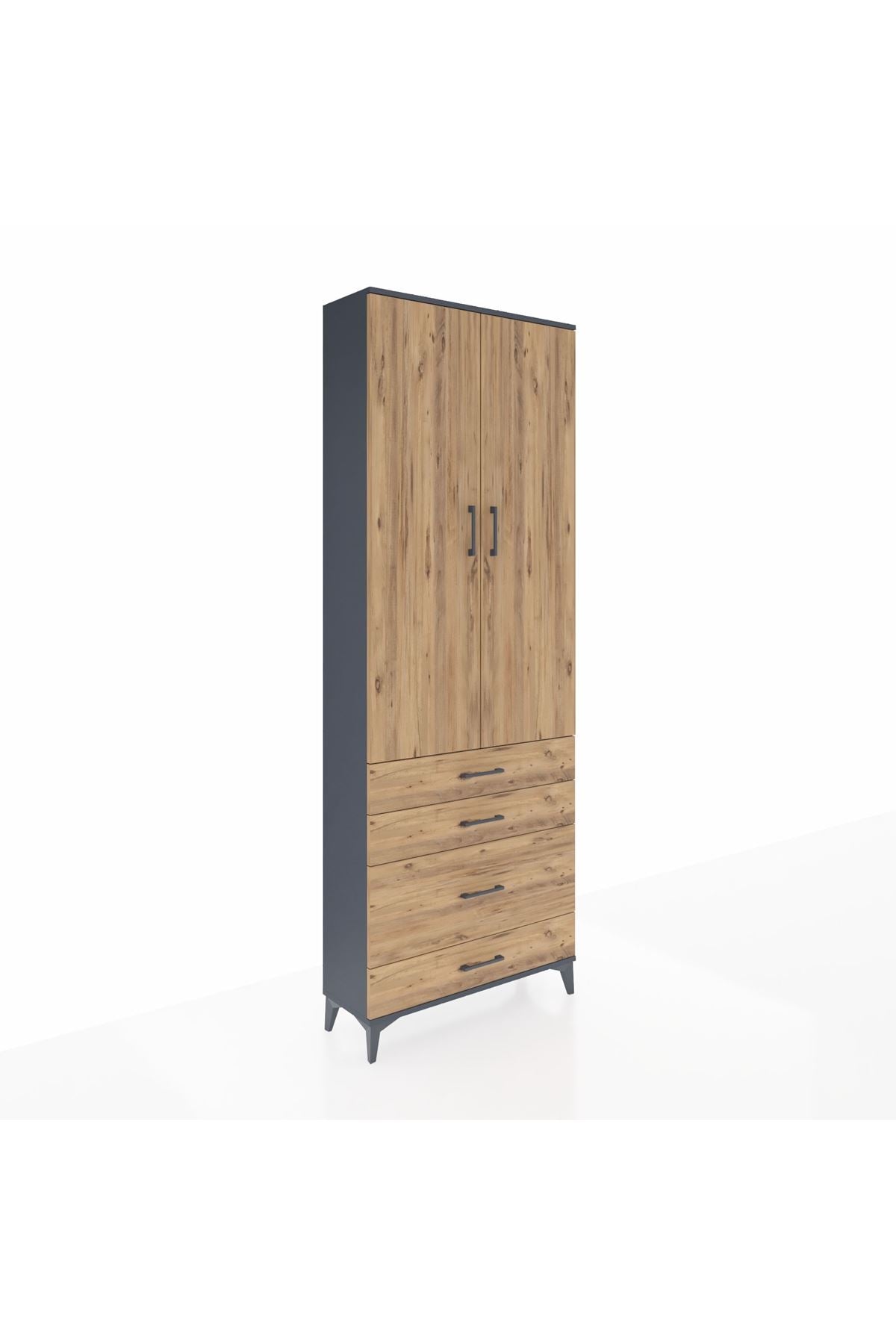 Arges Dolap 3 Raflı 4 Çekmeceli 2 Kapaklı 88x30x243 Antrasit-Çam