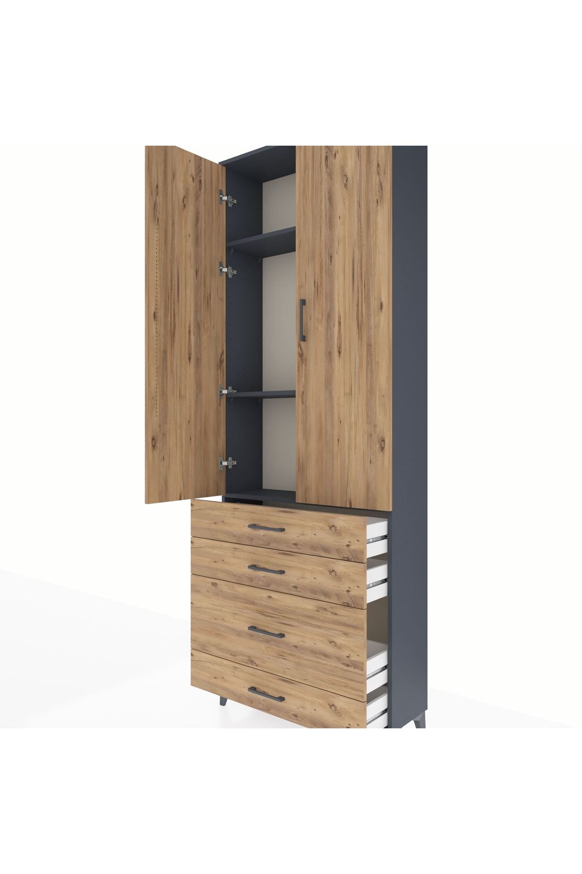 Arges Dolap 3 Raflı 4 Çekmeceli 2 Kapaklı 88x30x243 Antrasit-Çam