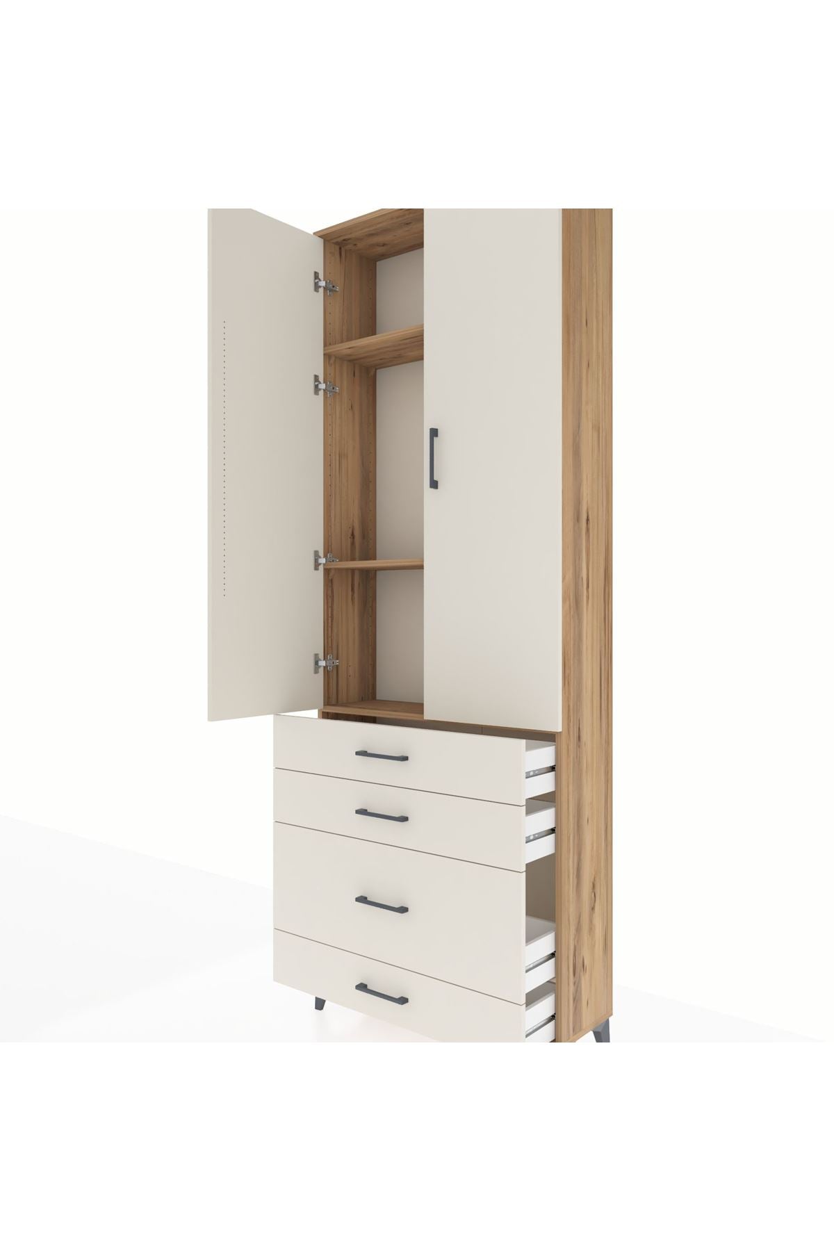 Arges Dolap 3 Raflı 4 Çekmeceli 2 Kapaklı 88x30x243 Çam-Aytaşı