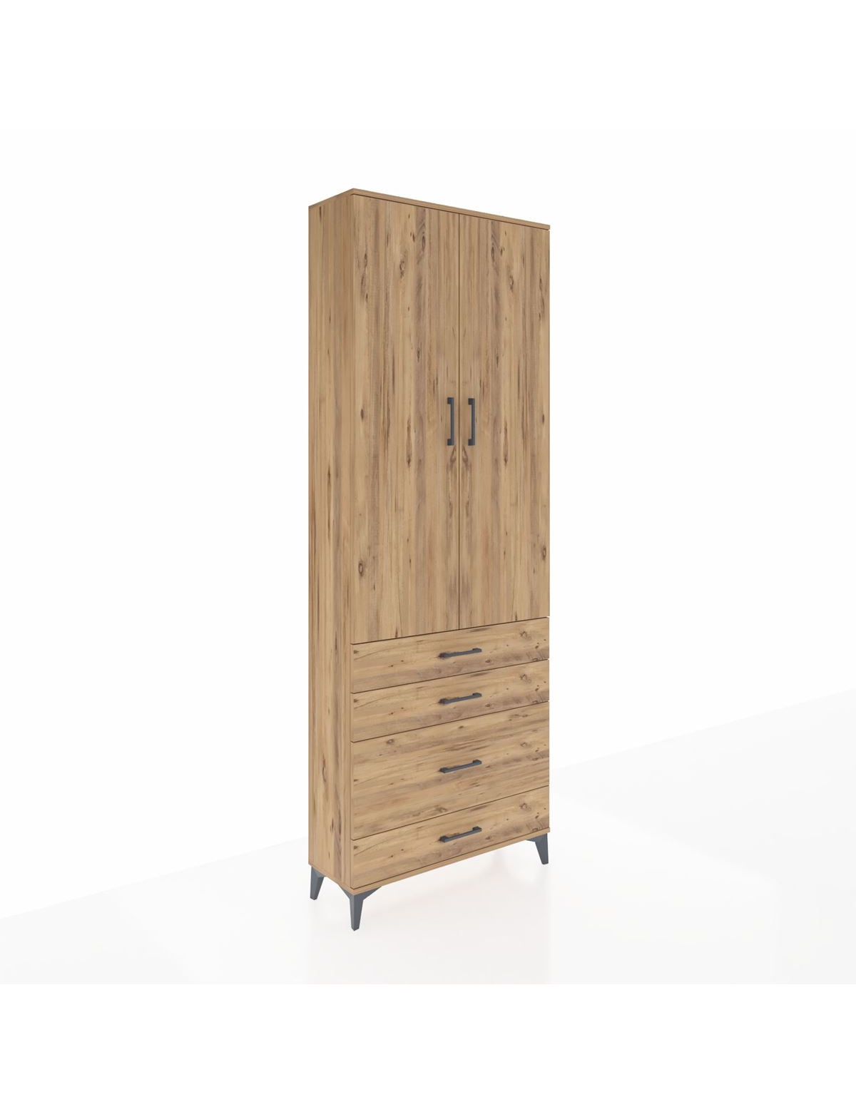 Arges Dolap 3 Raflı 4 Çekmeceli 2 Kapaklı 88x30x243 Çam-Çam