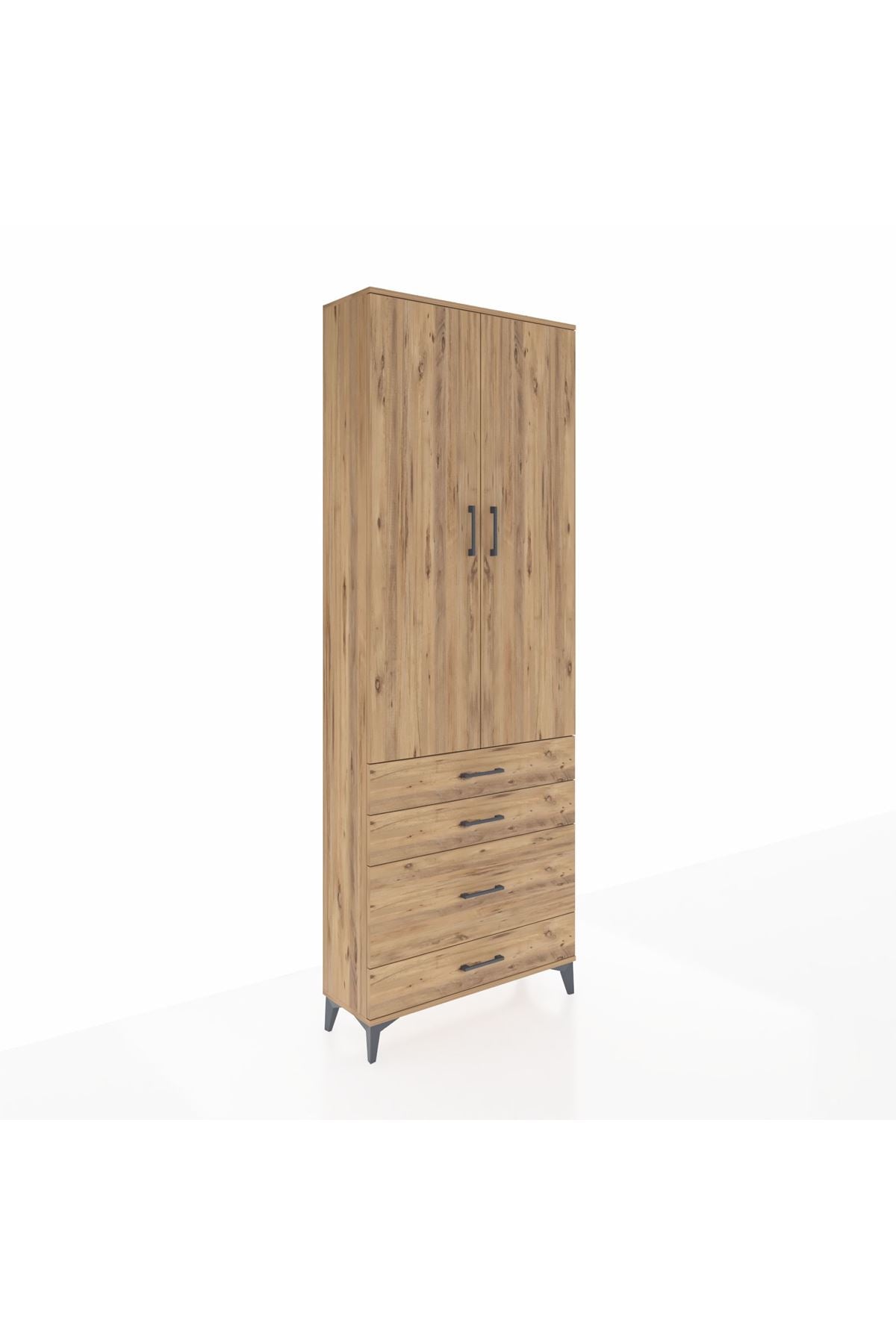 Arges Dolap 3 Raflı 4 Çekmeceli 2 Kapaklı 88x30x243 Çam-Çam