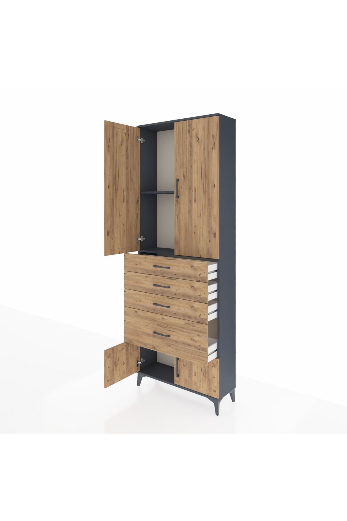 Arges Dolap 2 Raflı 4 Çekmeceli 4 Kapaklı 88x30x243 Antrasit-Çam