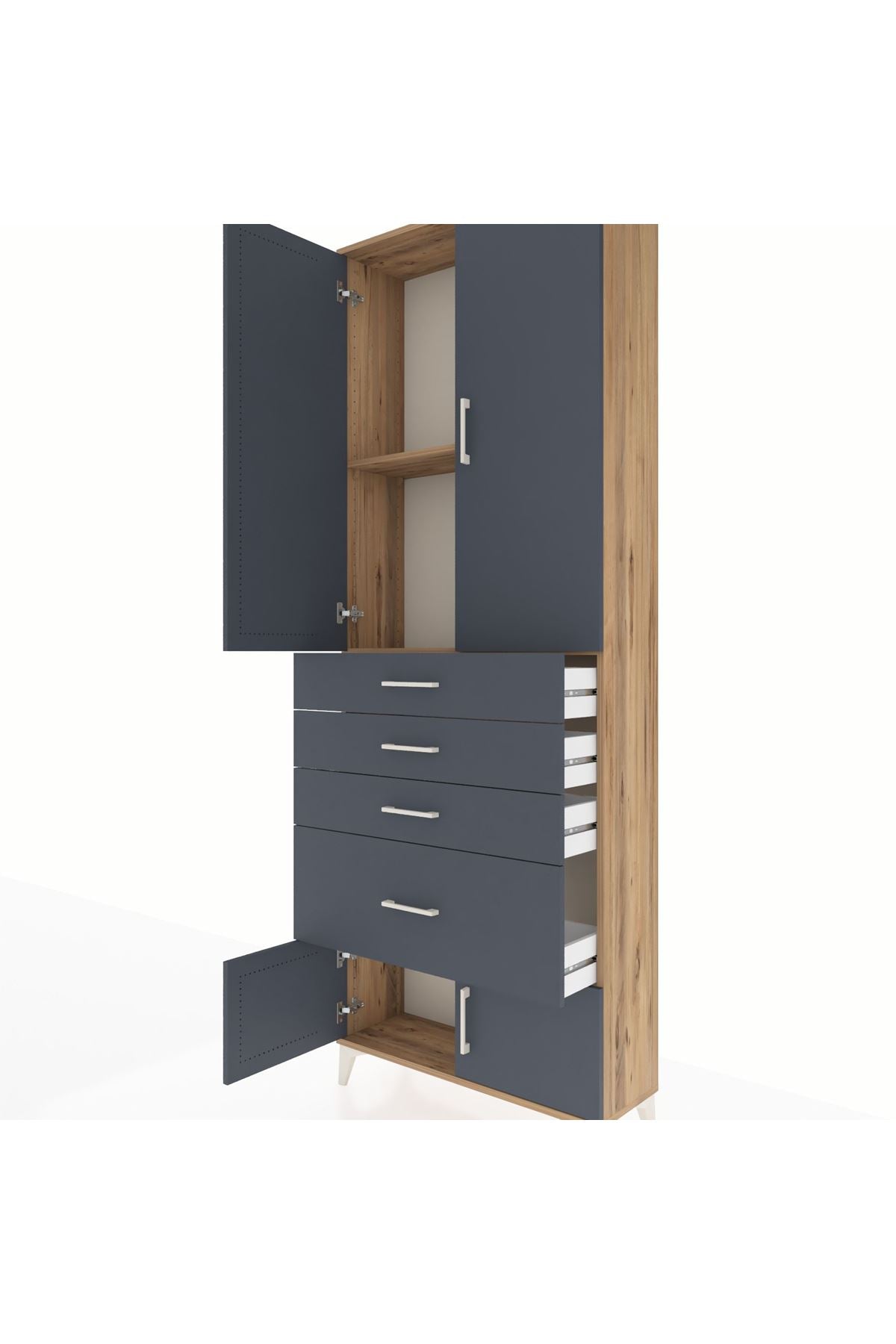 Arges Dolap 2 Raflı 4 Çekmeceli 4 Kapaklı 88x30x243 Çam-Antrasit