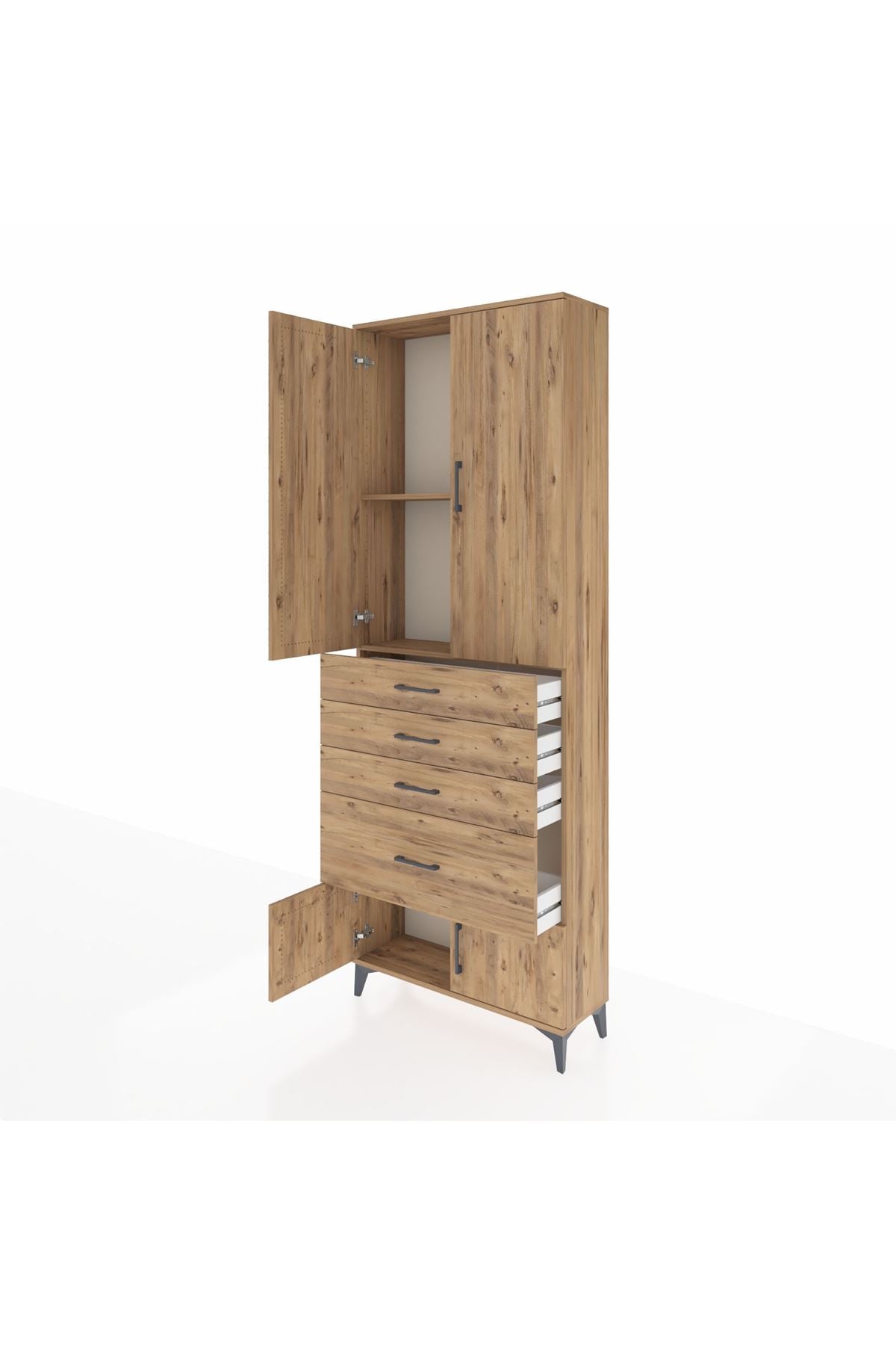 Arges Dolap 2 Raflı 4 Çekmeceli 4 Kapaklı 88x30x243 Çam-Çam