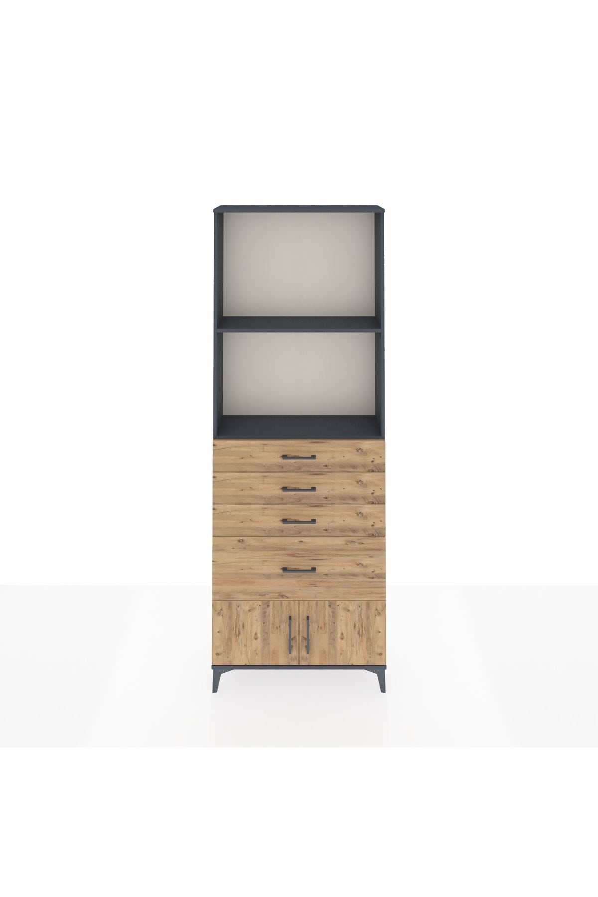 Arges Dolap 2 Raflı 4 Çekmeceli 2 Kapaklı 88x30x243 Antrasit-Çam