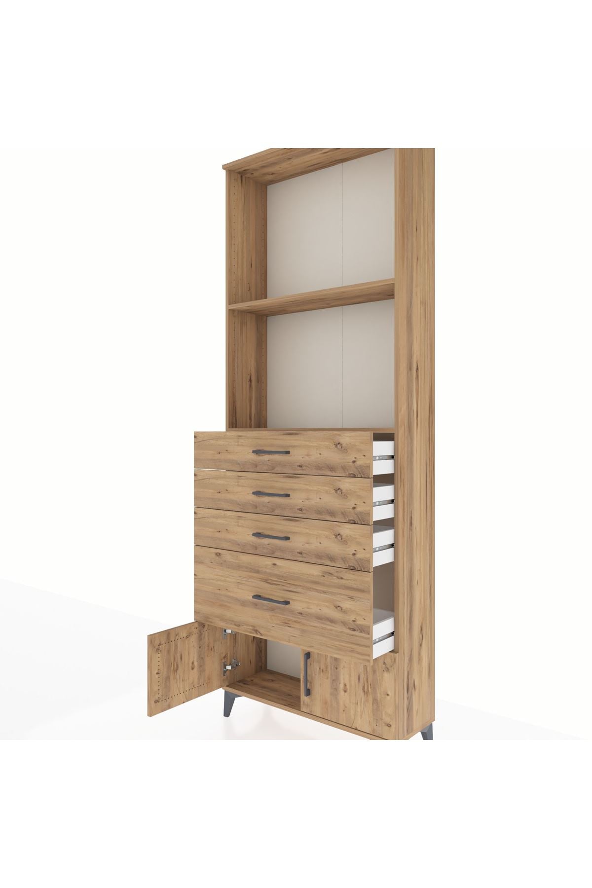 Arges Dolap 2 Raflı 4 Çekmeceli 2 Kapaklı 88x30x243 Çam-Çam