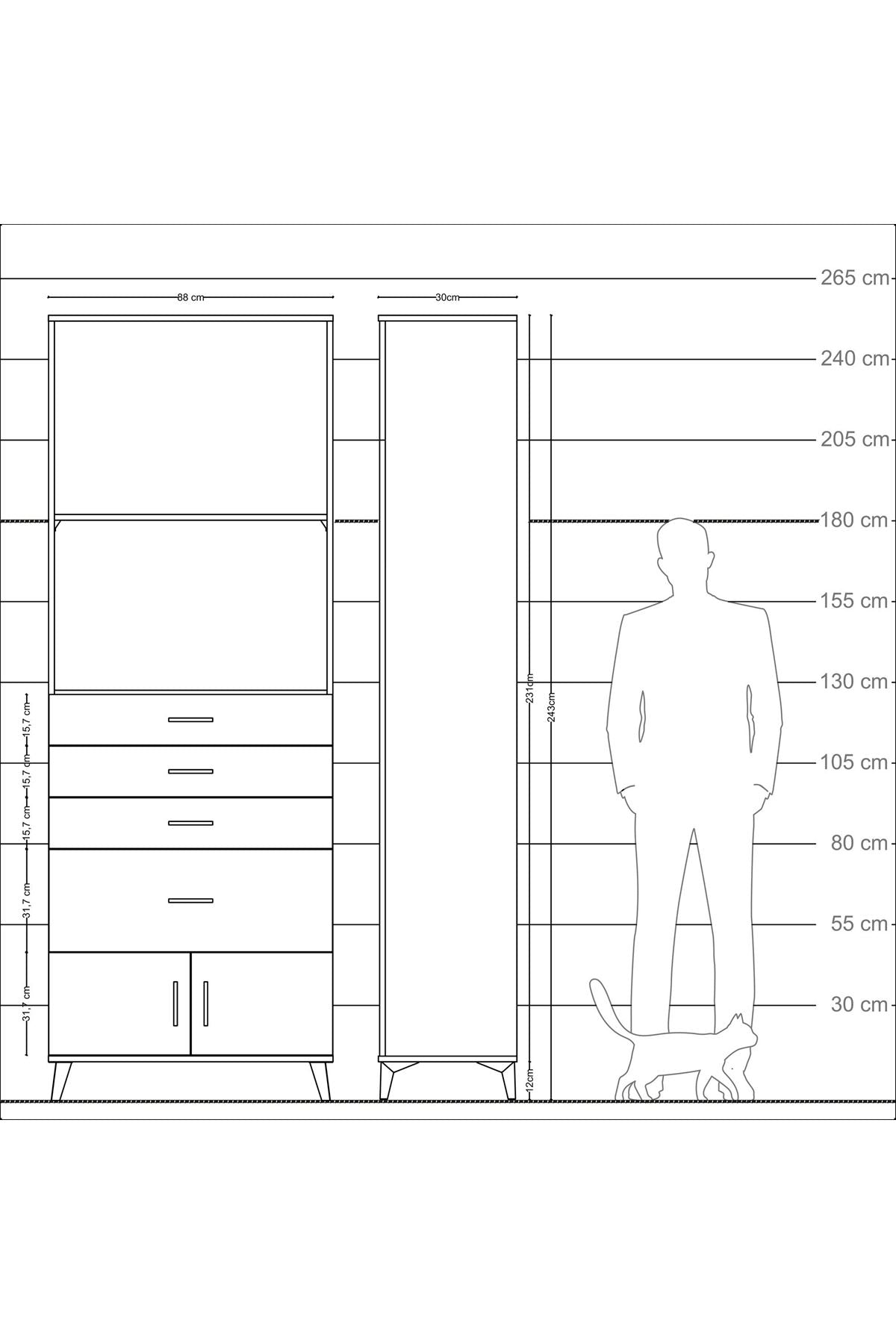 Arges Dolap 2 Raflı 4 Çekmeceli 2 Kapaklı 88x30x243 Çam-Çam