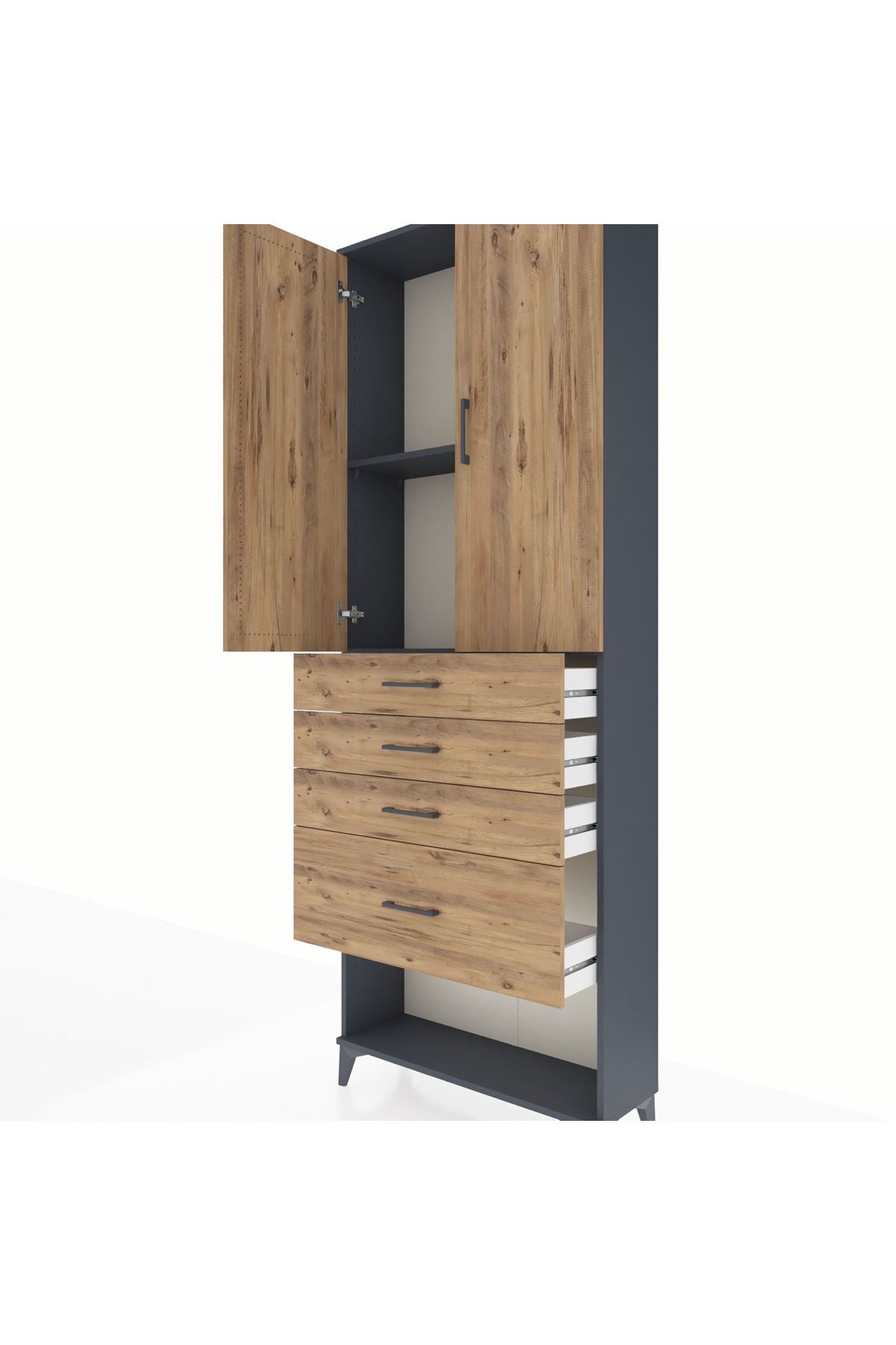 Arges Dolap 2 Raflı 4 Çekmeceli 2 Kapaklı 88x30x243 Antrasit-Çam