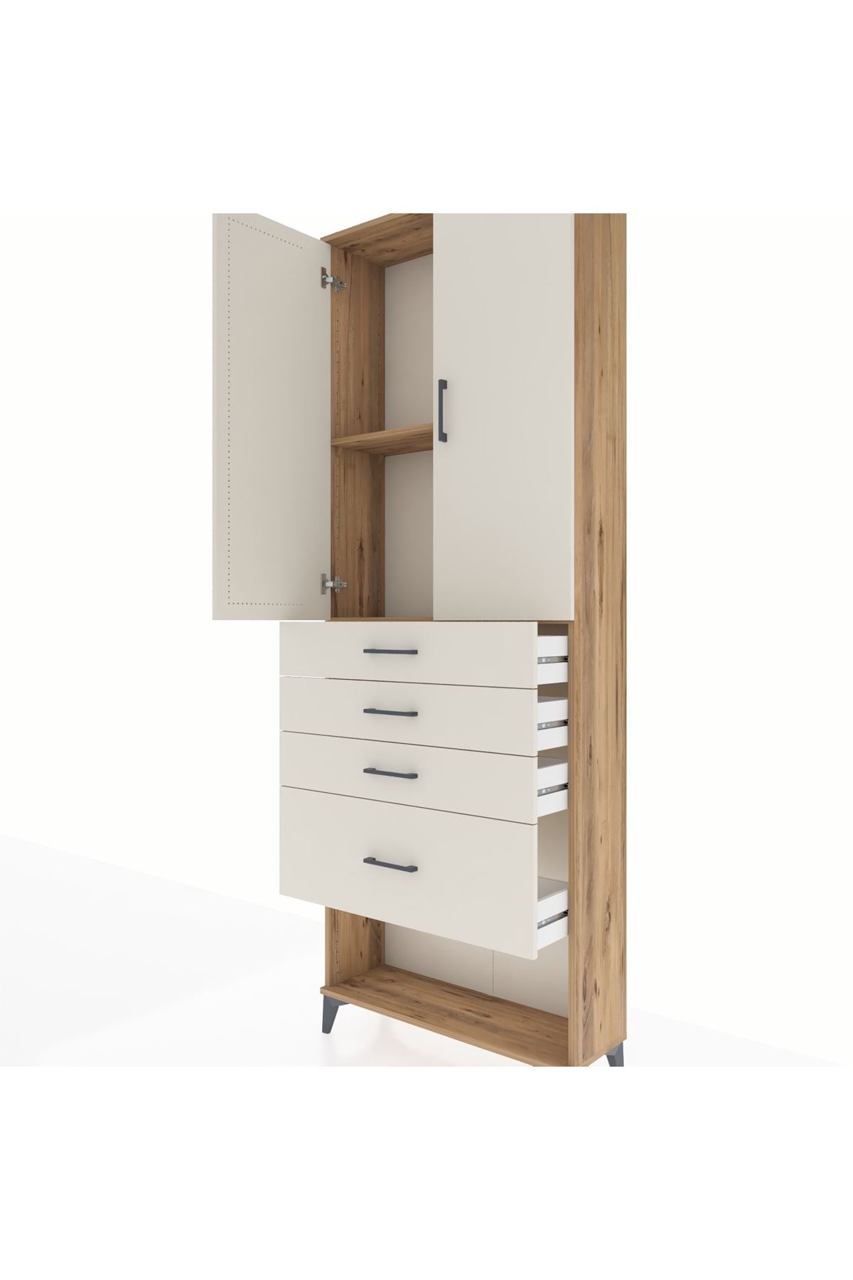 Arges Dolap 2 Raflı 4 Çekmeceli 2 Kapaklı 88x30x243 Çam-Aytaşı