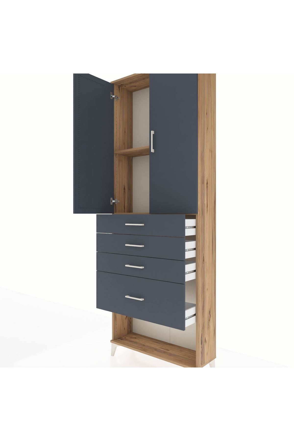 Arges Dolap 2 Raflı 4 Çekmeceli 2 Kapaklı 88x30x243 Çam-Antrasit