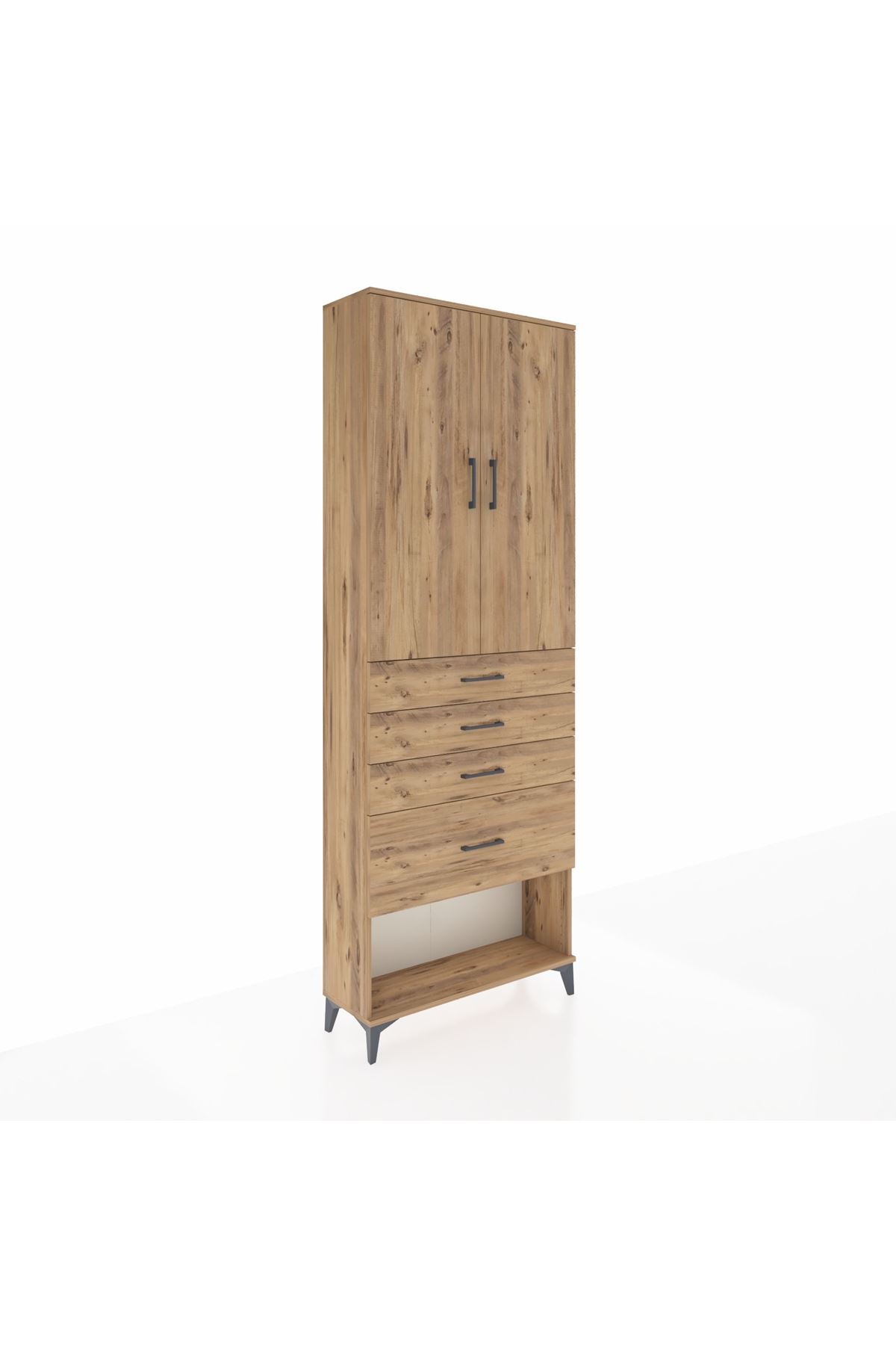 Arges Dolap 2 Raflı 4 Çekmeceli 2 Kapaklı 88x30x243 Çam-Çam