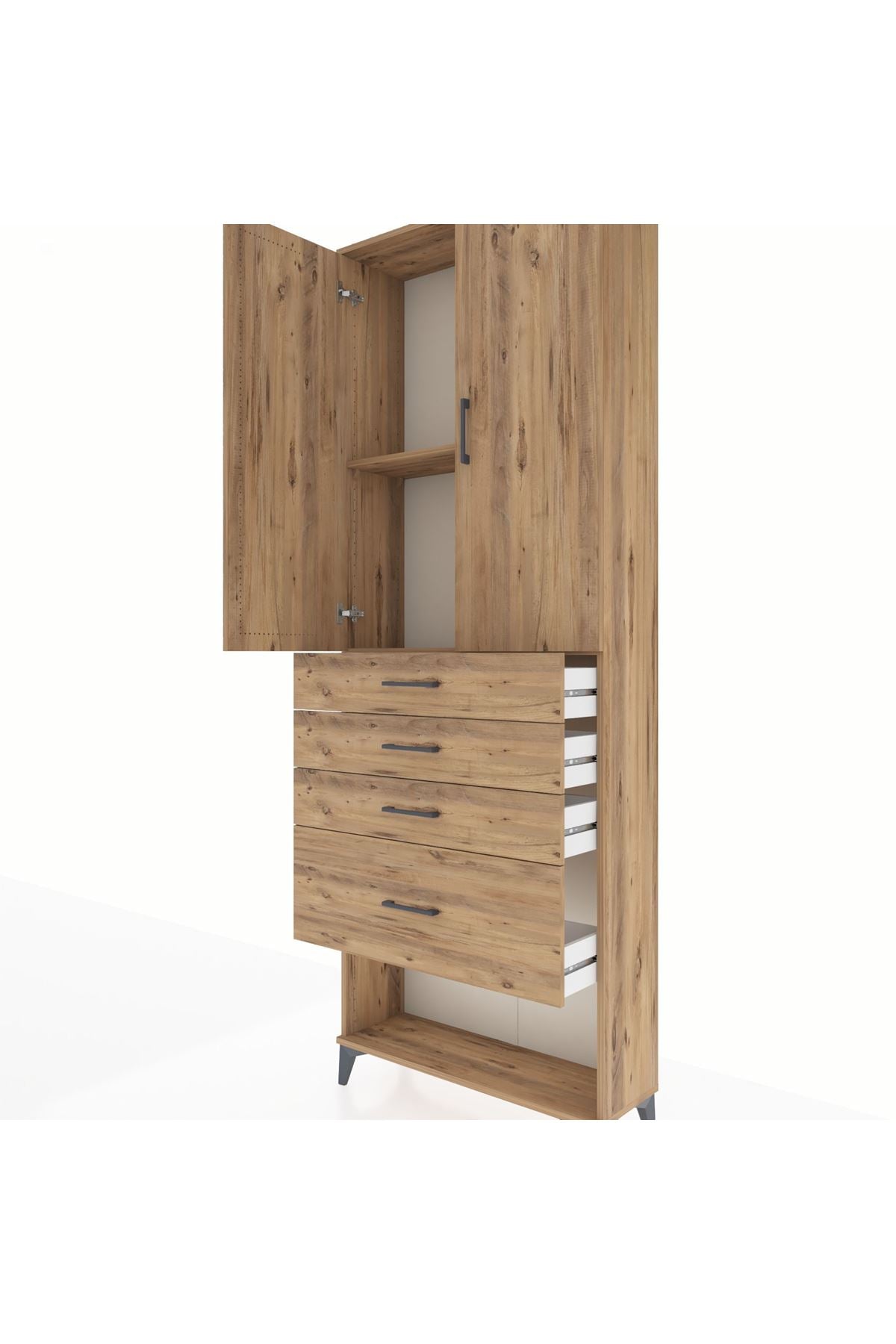 Arges Dolap 2 Raflı 4 Çekmeceli 2 Kapaklı 88x30x243 Çam-Çam