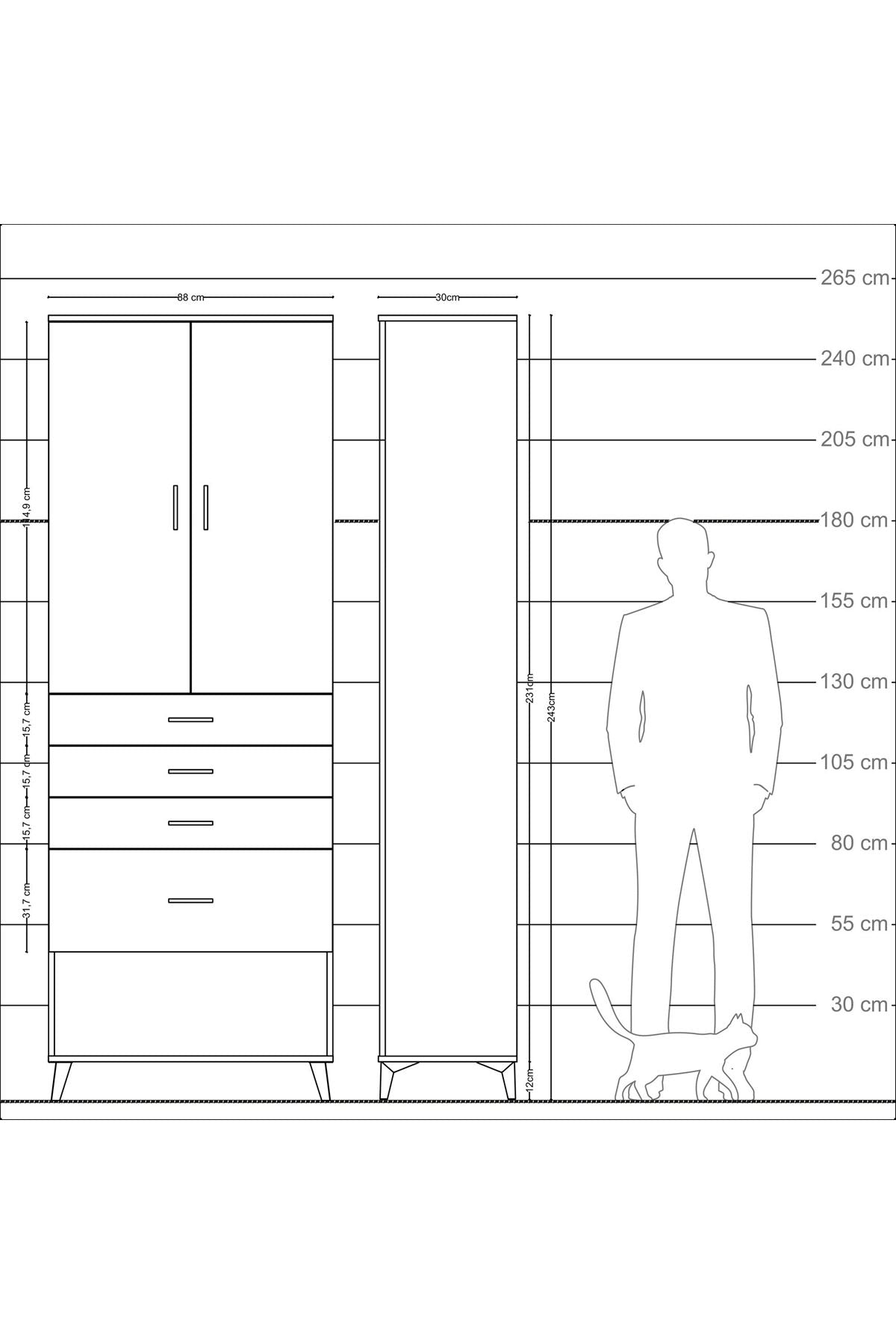 Arges Dolap 2 Raflı 4 Çekmeceli 2 Kapaklı 88x30x243 Çam-Çam