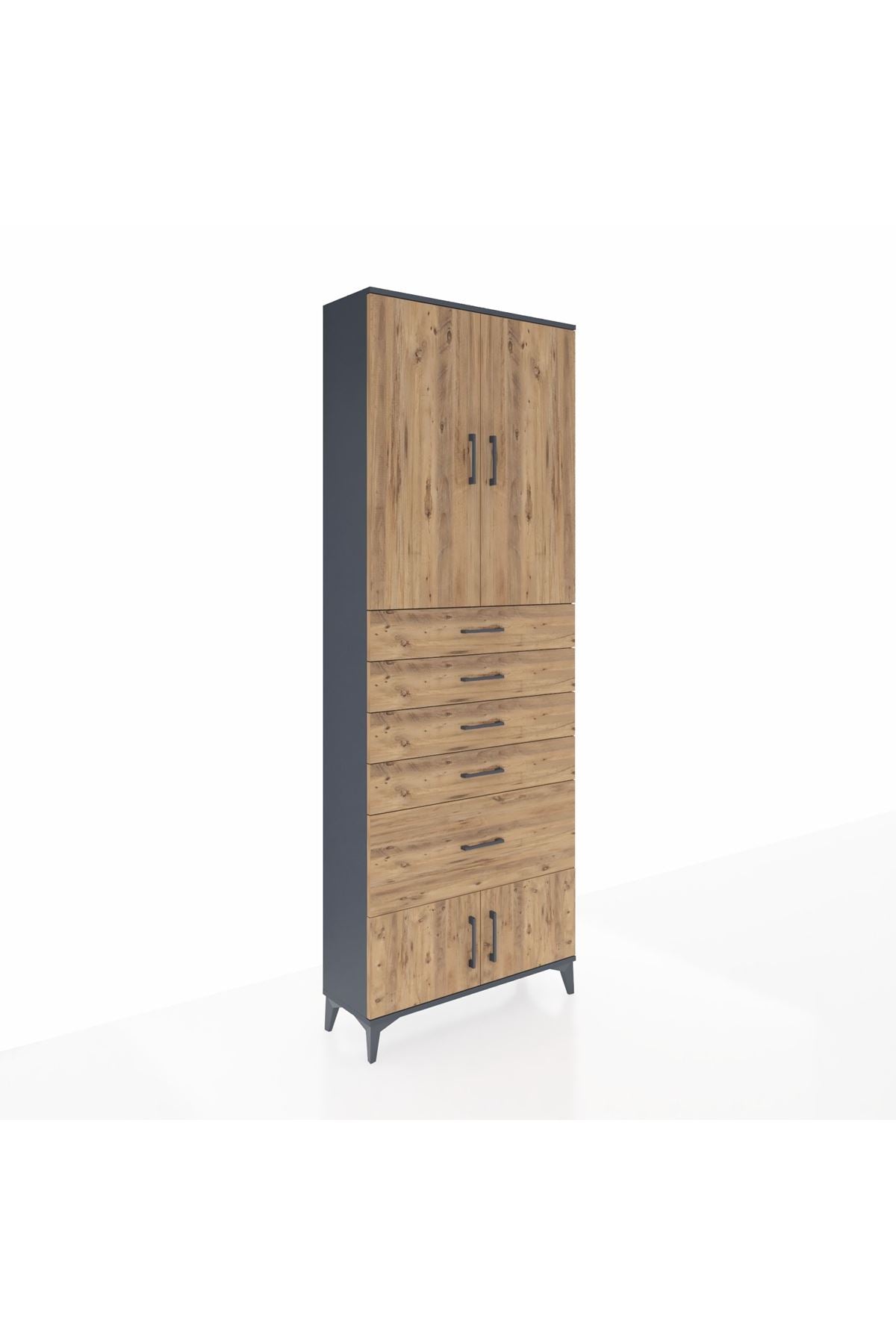 Arges Dolap 2 Raflı 5 Çekmeceli 4 Kapaklı 88x30x243 Antrasit-Çam