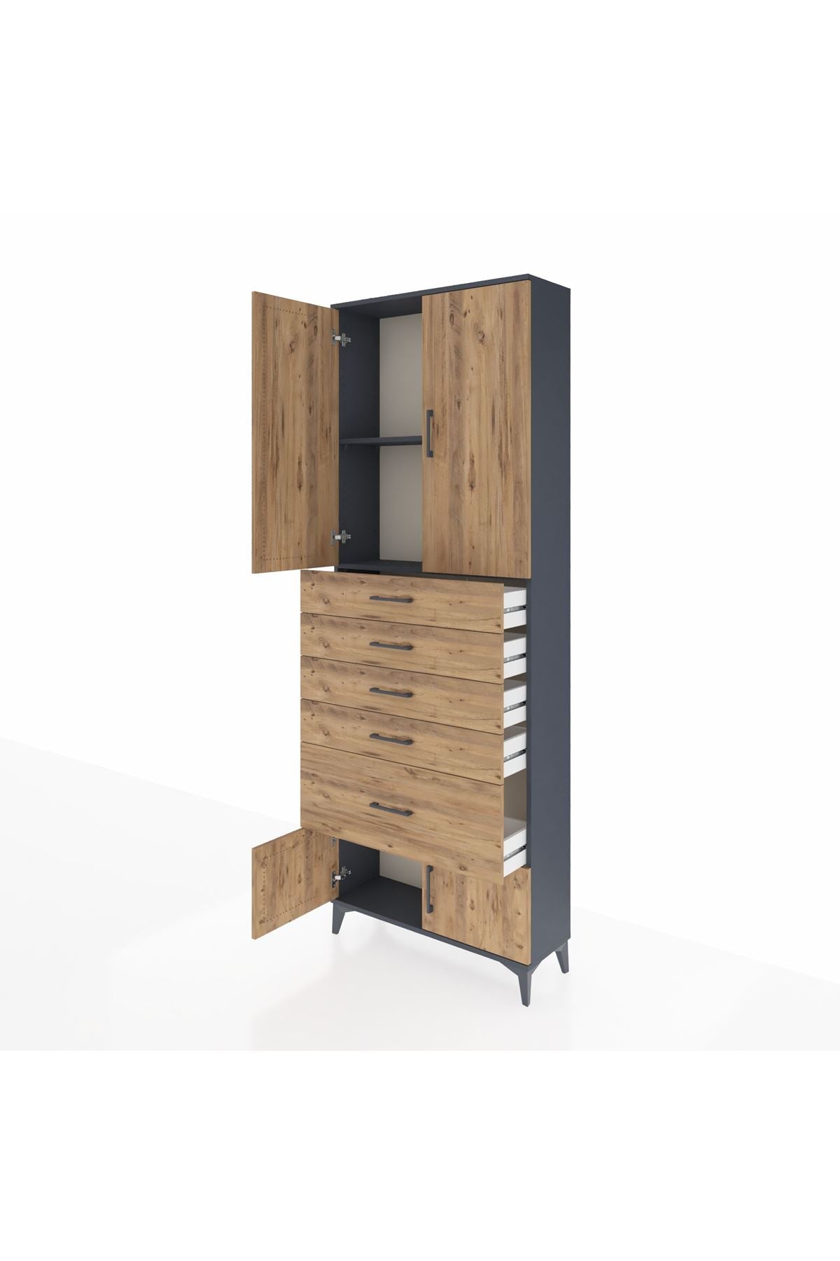 Arges Dolap 2 Raflı 5 Çekmeceli 4 Kapaklı 88x30x243 Antrasit-Çam