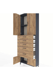 Arges Dolap 2 Raflı 5 Çekmeceli 4 Kapaklı 88x30x243 Antrasit-Çam