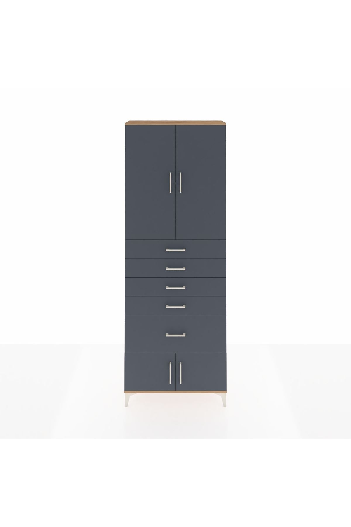 Arges Dolap 2 Raflı 5 Çekmeceli 4 Kapaklı 88x30x243 Çam-Antrasit