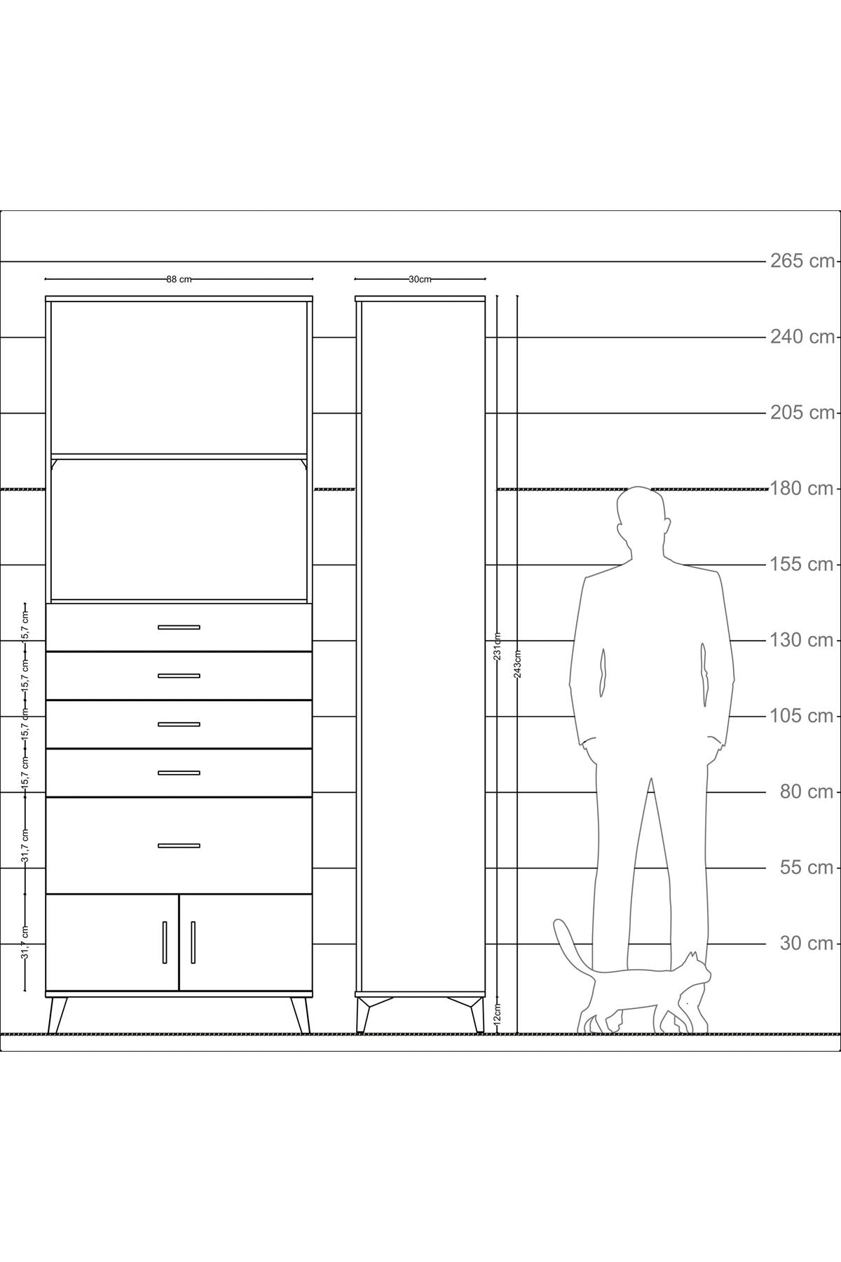 Arges Dolap 2 Raflı 5 Çekmeceli 2 Kapaklı 88x30x243 Antrasit-Aytaşı