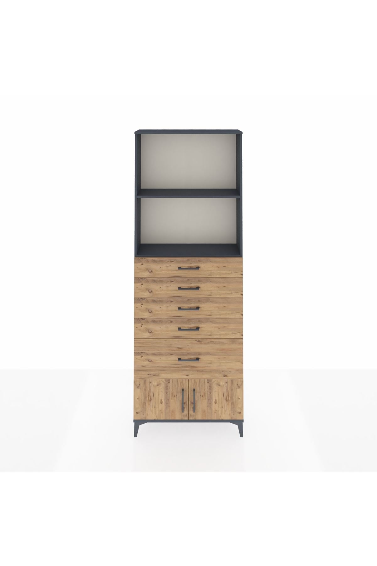Arges Dolap 2 Raflı 5 Çekmeceli 2 Kapaklı 88x30x243 Antrasit-Çam