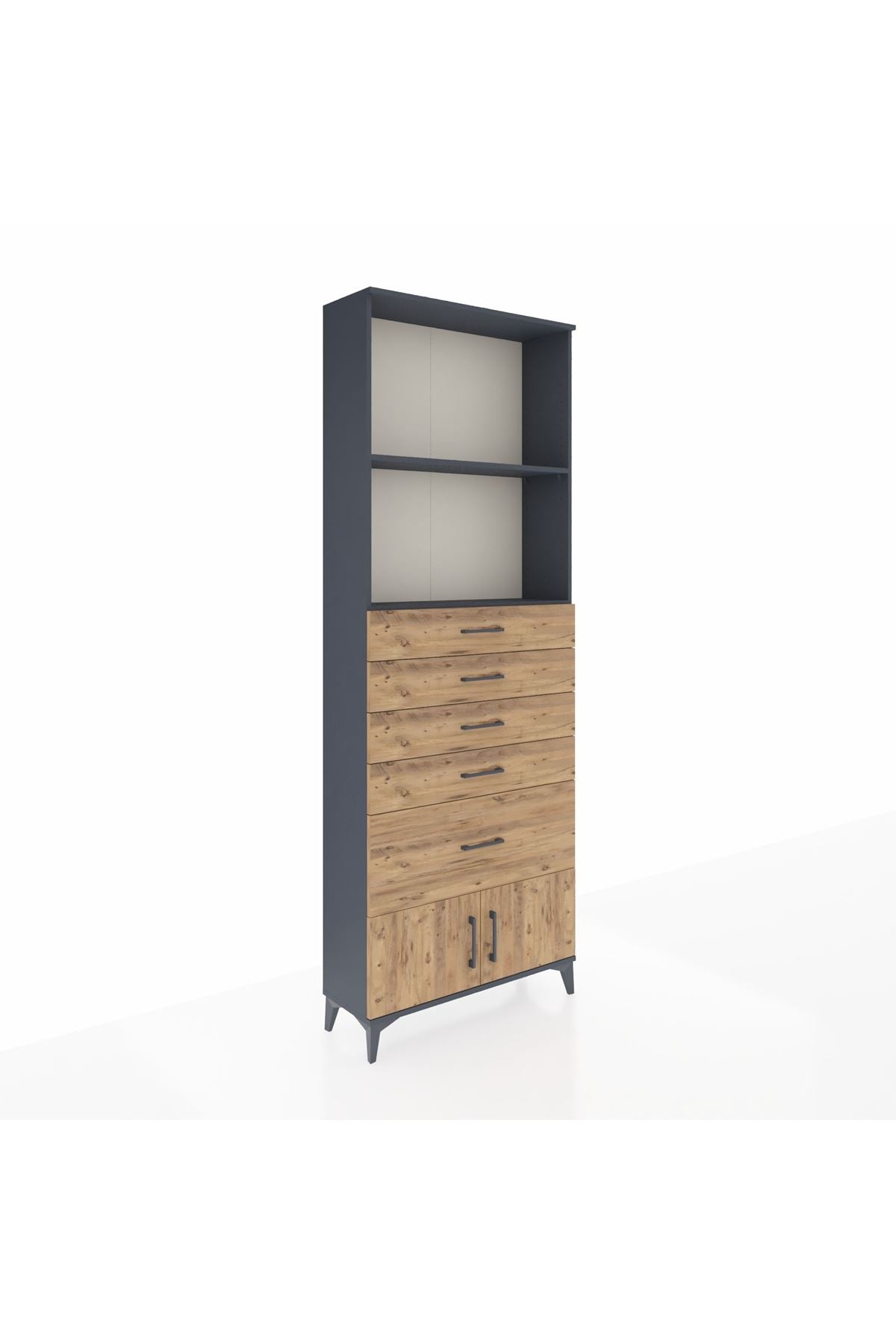 Arges Dolap 2 Raflı 5 Çekmeceli 2 Kapaklı 88x30x243 Antrasit-Çam