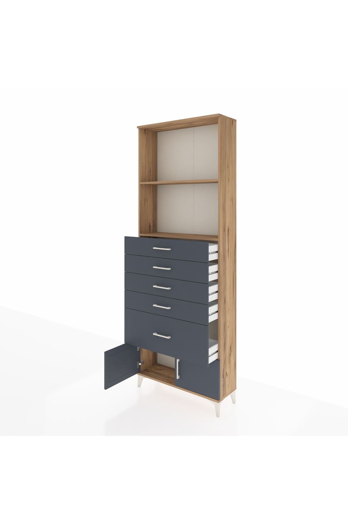 Arges Dolap 2 Raflı 5 Çekmeceli 2 Kapaklı 88x30x243 Çam-Antrasit