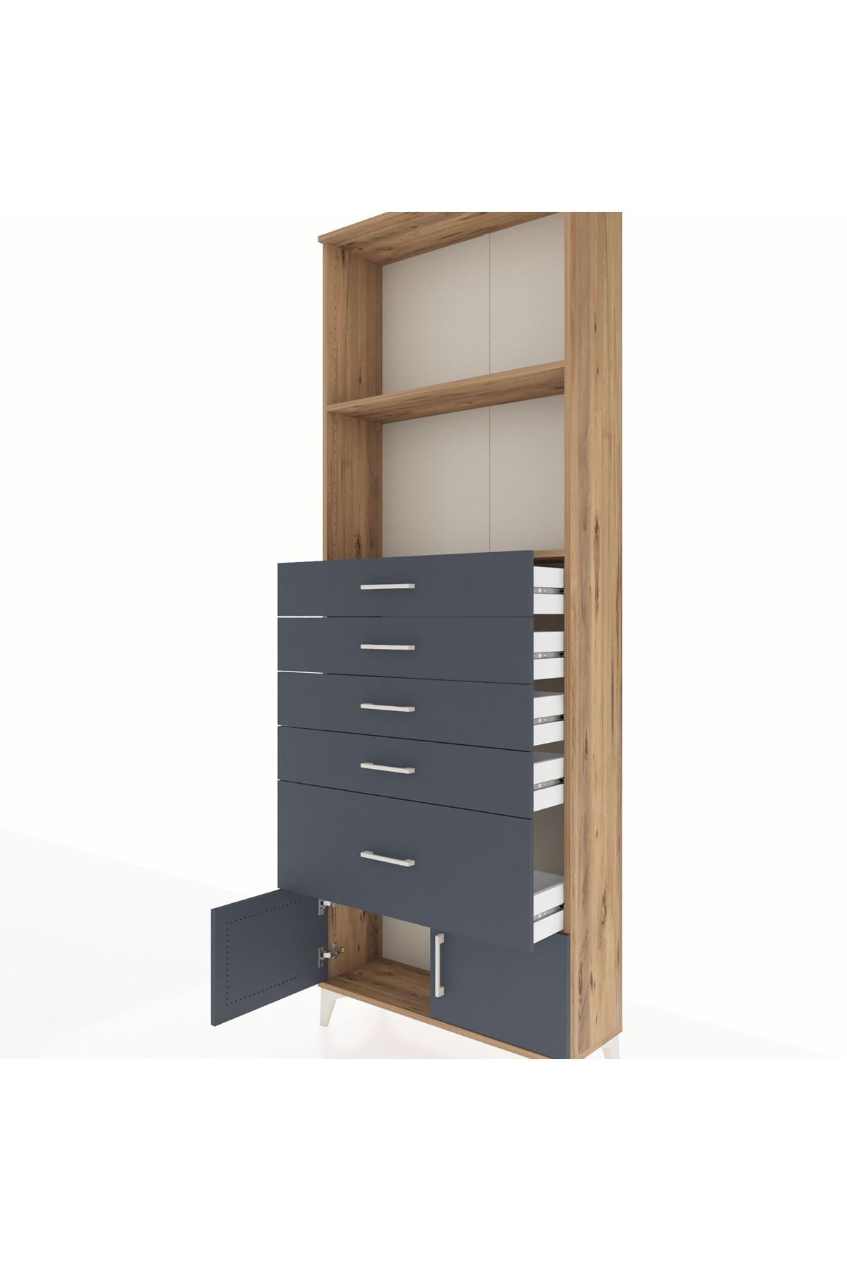 Arges Dolap 2 Raflı 5 Çekmeceli 2 Kapaklı 88x30x243 Çam-Antrasit