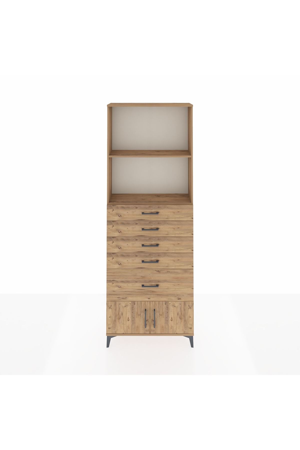 Arges Dolap 2 Raflı 5 Çekmeceli 2 Kapaklı 88x30x243 Çam-Çam