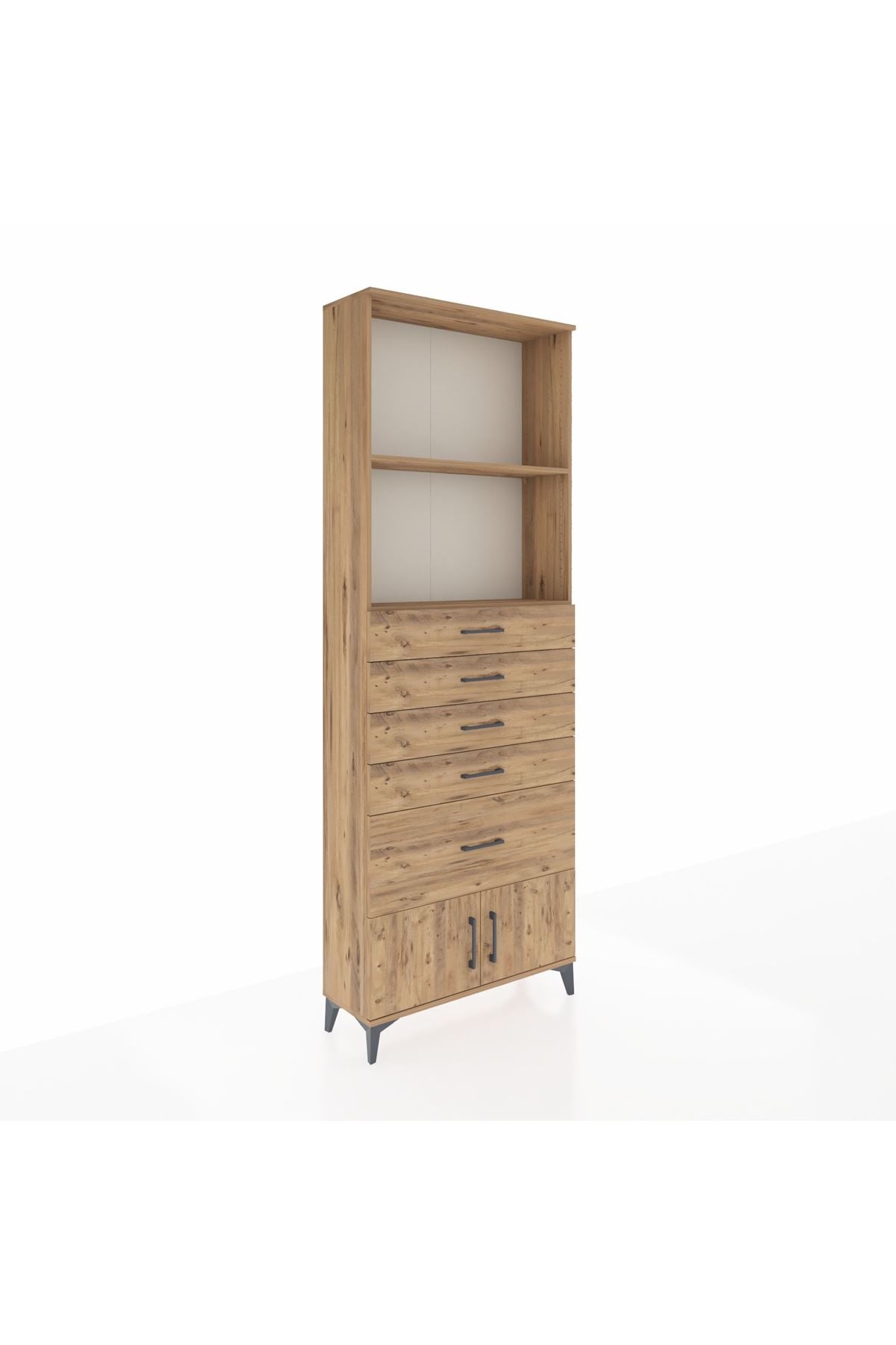 Arges Dolap 2 Raflı 5 Çekmeceli 2 Kapaklı 88x30x243 Çam-Çam