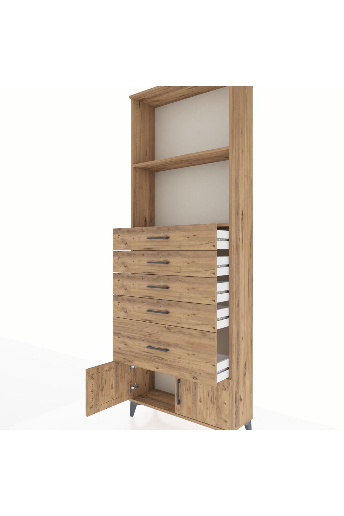 Arges Dolap 2 Raflı 5 Çekmeceli 2 Kapaklı 88x30x243 Çam-Çam